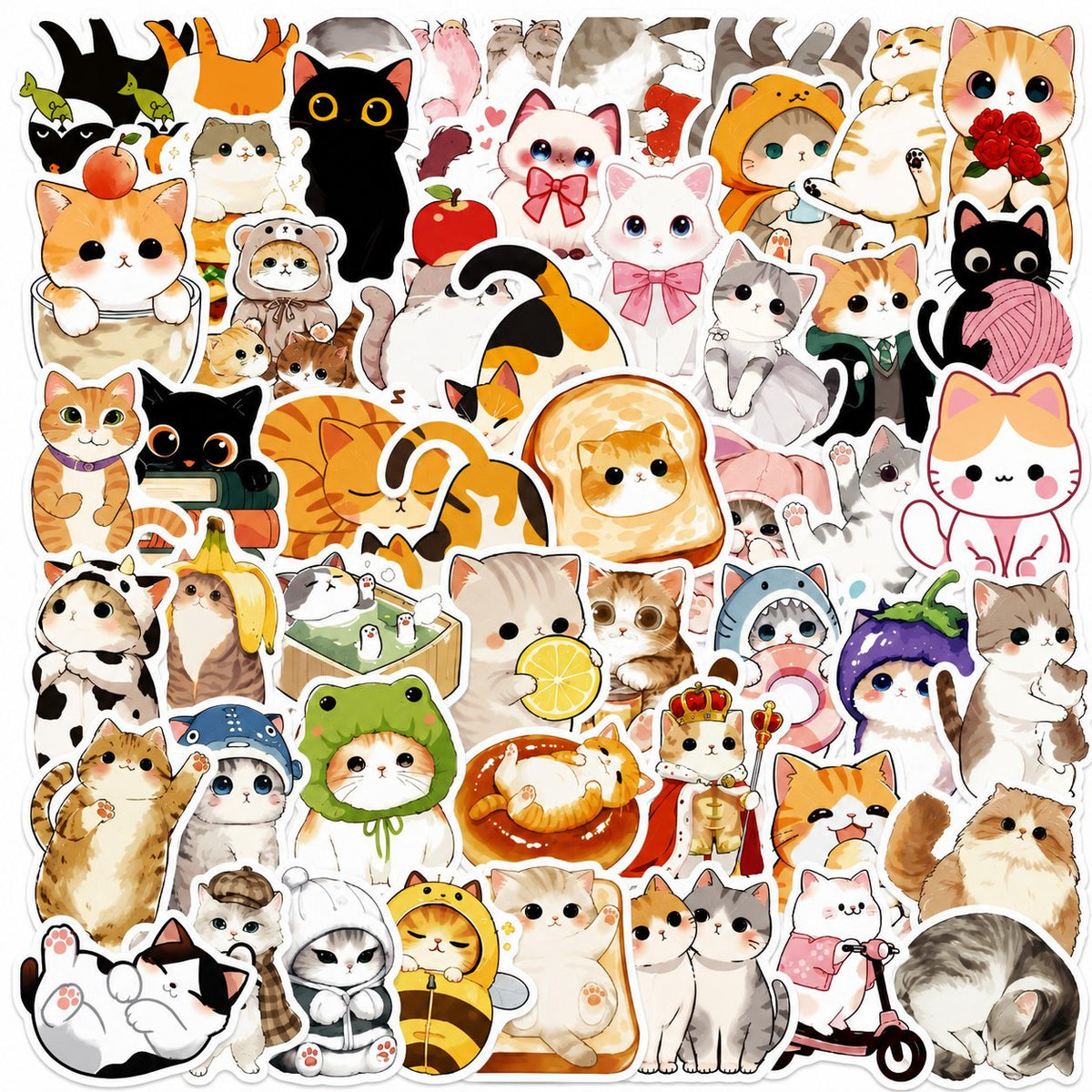 Stickere Decorative Pisici Kawaii, Impermeabile, Hartie Autoadeziva, Multicolor, Set 50 Bucati, 5.27 x 5.46 cm