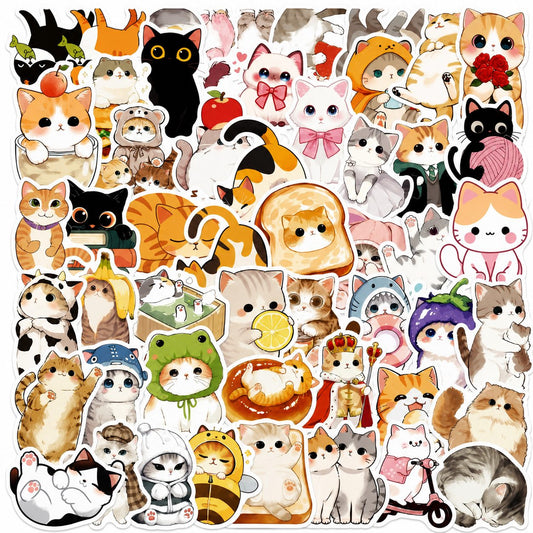 Stickere Decorative Pisici Kawaii, Impermeabile, Hartie Autoadeziva, Multicolor, Set 50 Bucati, 5.27 x 5.46 cm