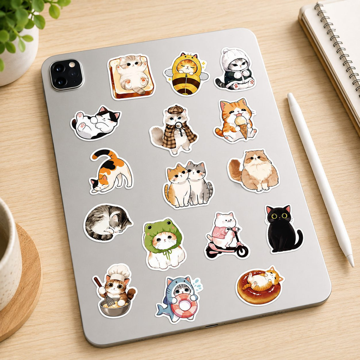Stickere Decorative Pisici Kawaii, Impermeabile, Hartie Autoadeziva, Multicolor, Set 50 Bucati, 5.27 x 5.46 cm