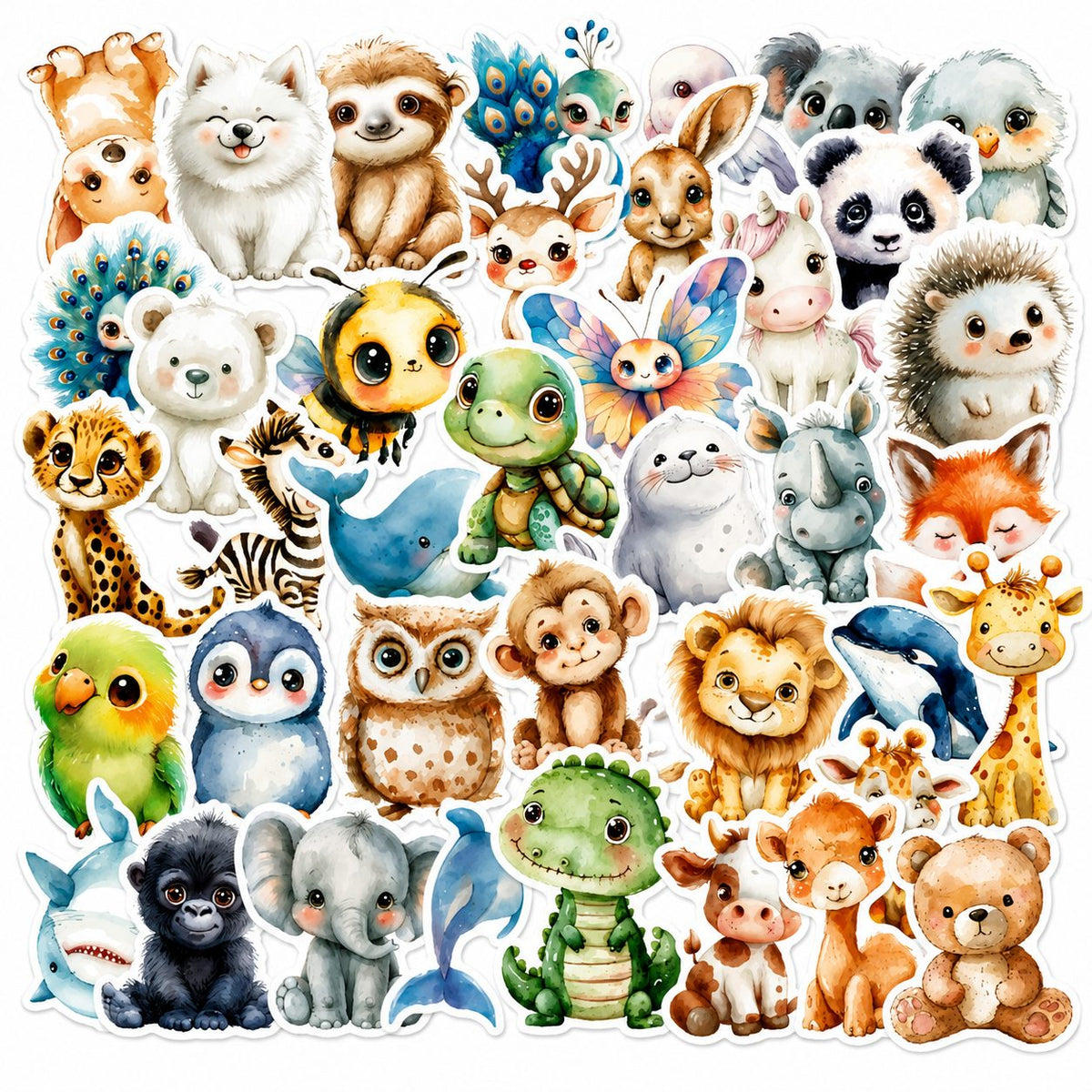 Stickere Decorative Animale, Stil Acuarela Kawaii, Hartie Autoadeziva, Multicolor, Set 50 Bucati, 5.27 x 5.46 cm