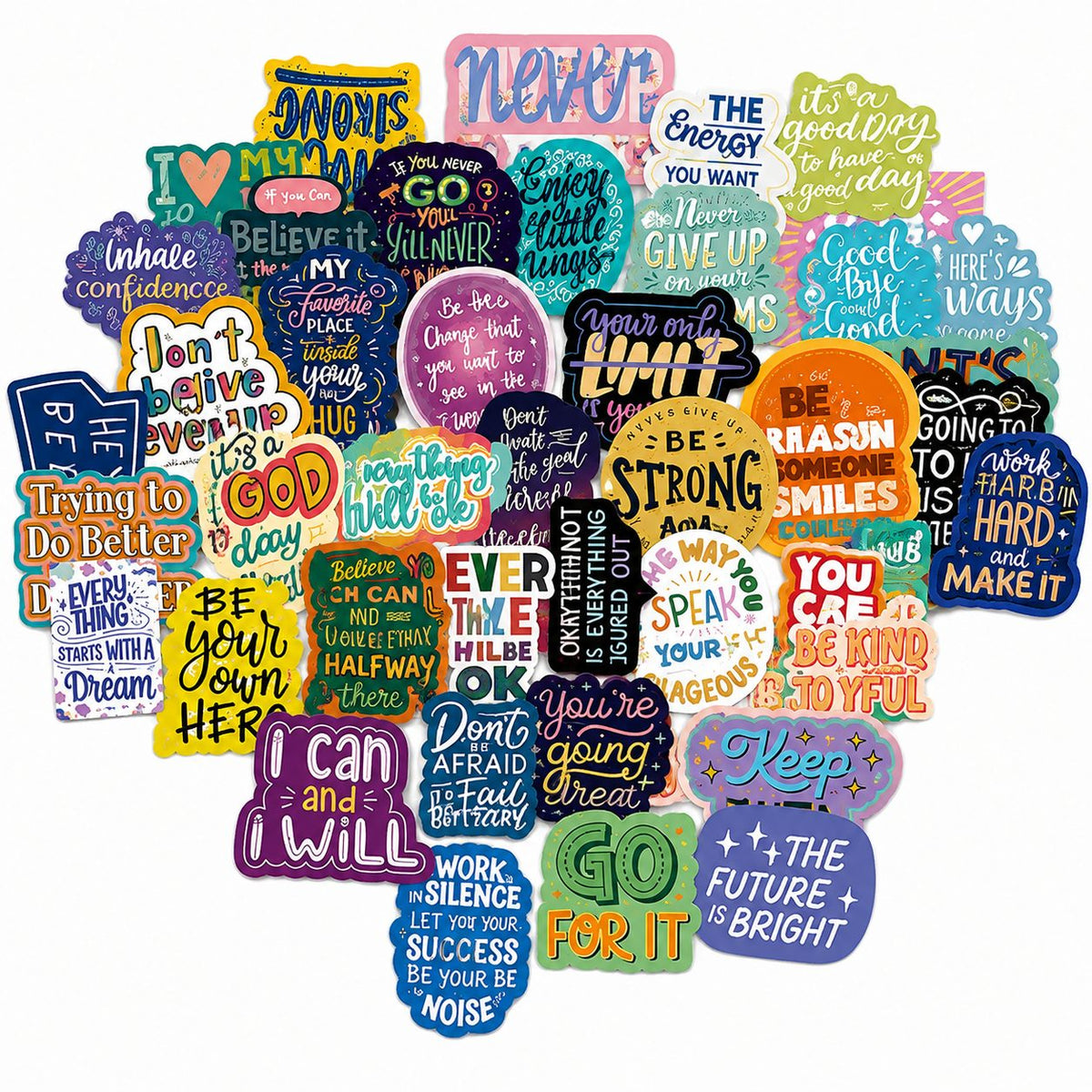 Set Stickere Motivationale, Citate Inspirationale Engleza, Impermeabile, Vinil Autoadeziv, 50 Bucati, Multicolor, 5.27 x 5.43 cm