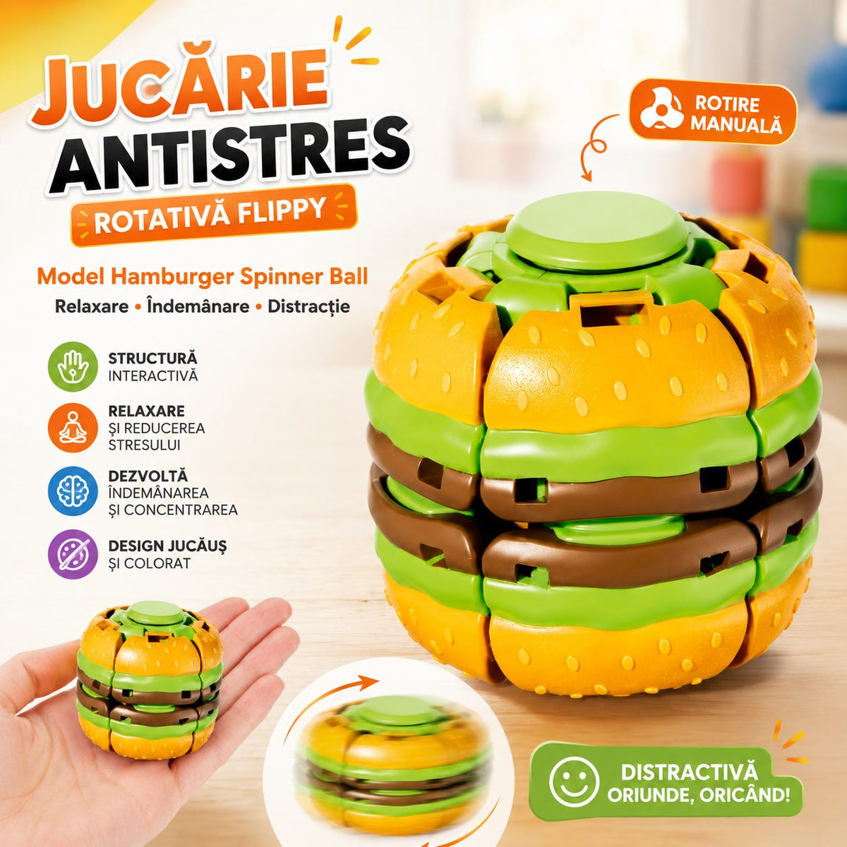 Jucarie Antistres Fidget Puzzle, Model Hamburger Rotativ, Plastic ABS, Multicolor