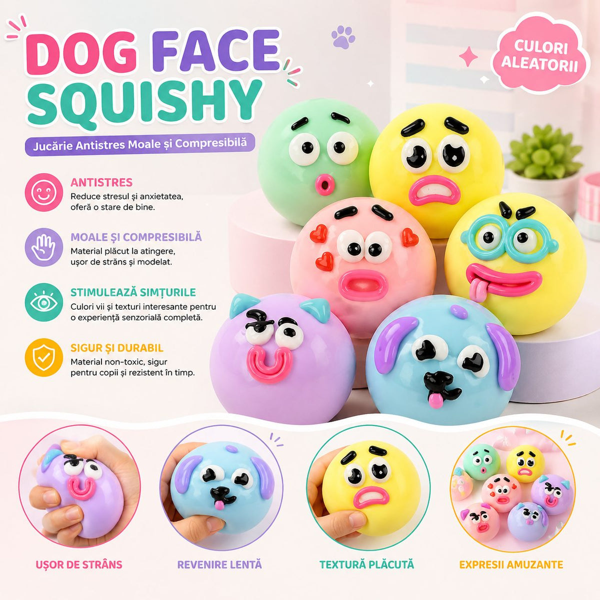Jucarie Antistres Squishy, Model Fete Amuzante, Forma Rotunda, Termoplastic, Culoare Aleatorie, 1 Bucata