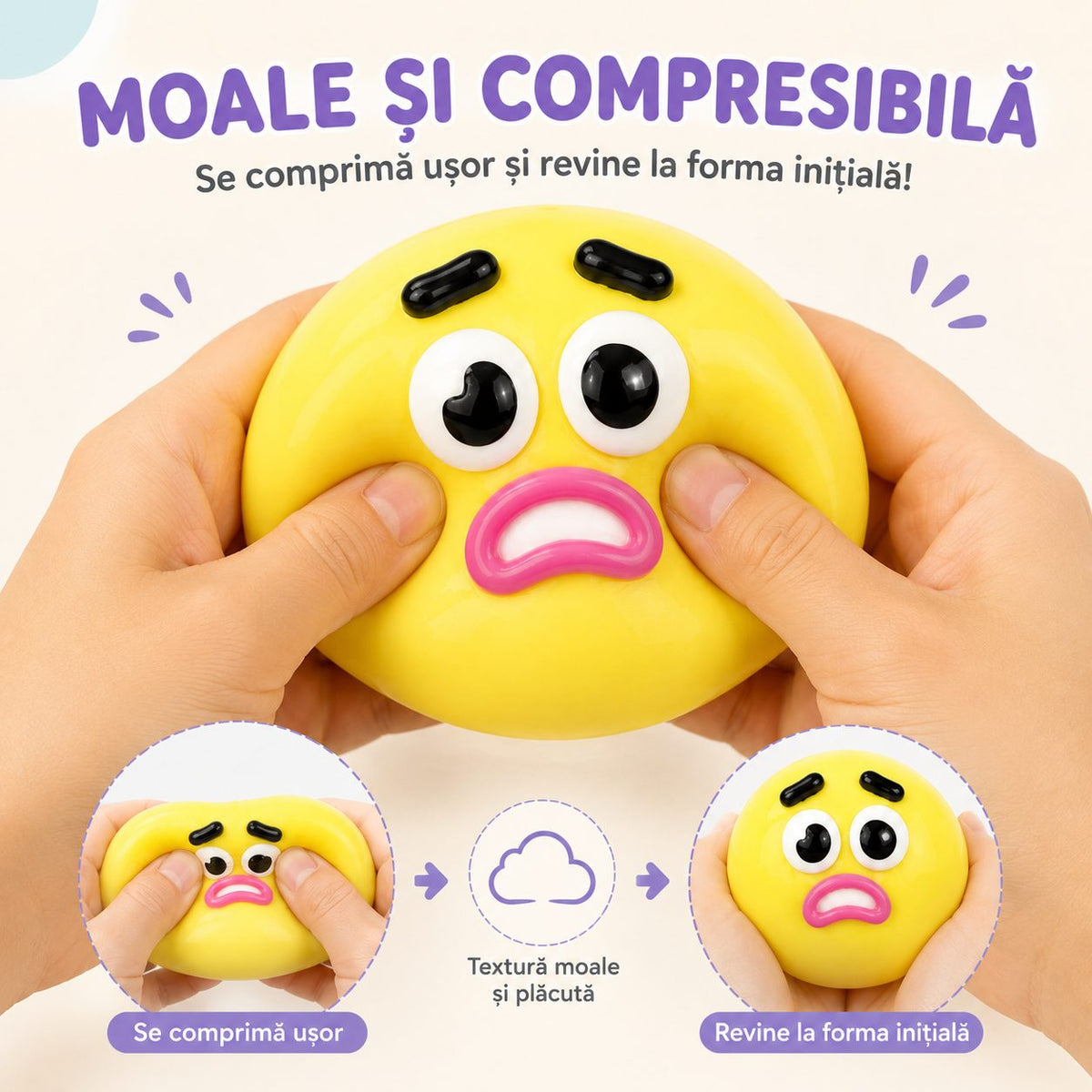 Jucarie Antistres Squishy, Model Fete Amuzante, Forma Rotunda, Termoplastic, Culoare Aleatorie, 1 Bucata