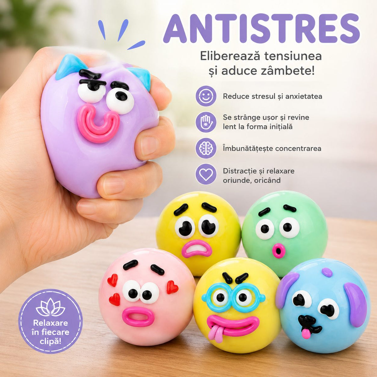 Jucarie Antistres Squishy, Model Fete Amuzante, Forma Rotunda, Termoplastic, Culoare Aleatorie, 1 Bucata
