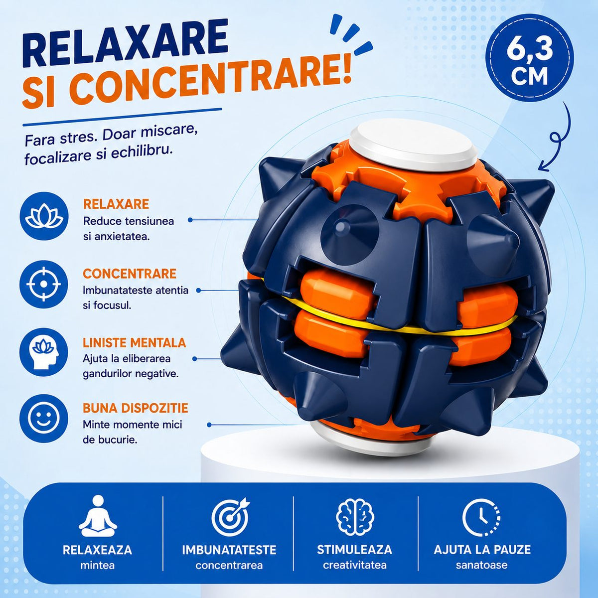 Jucarie Antistres Rotativa, Model Minge Push and Spin cu Structura 3D, Plastic ABS, 6.3 cm, Albastru Marin si Portocaliu