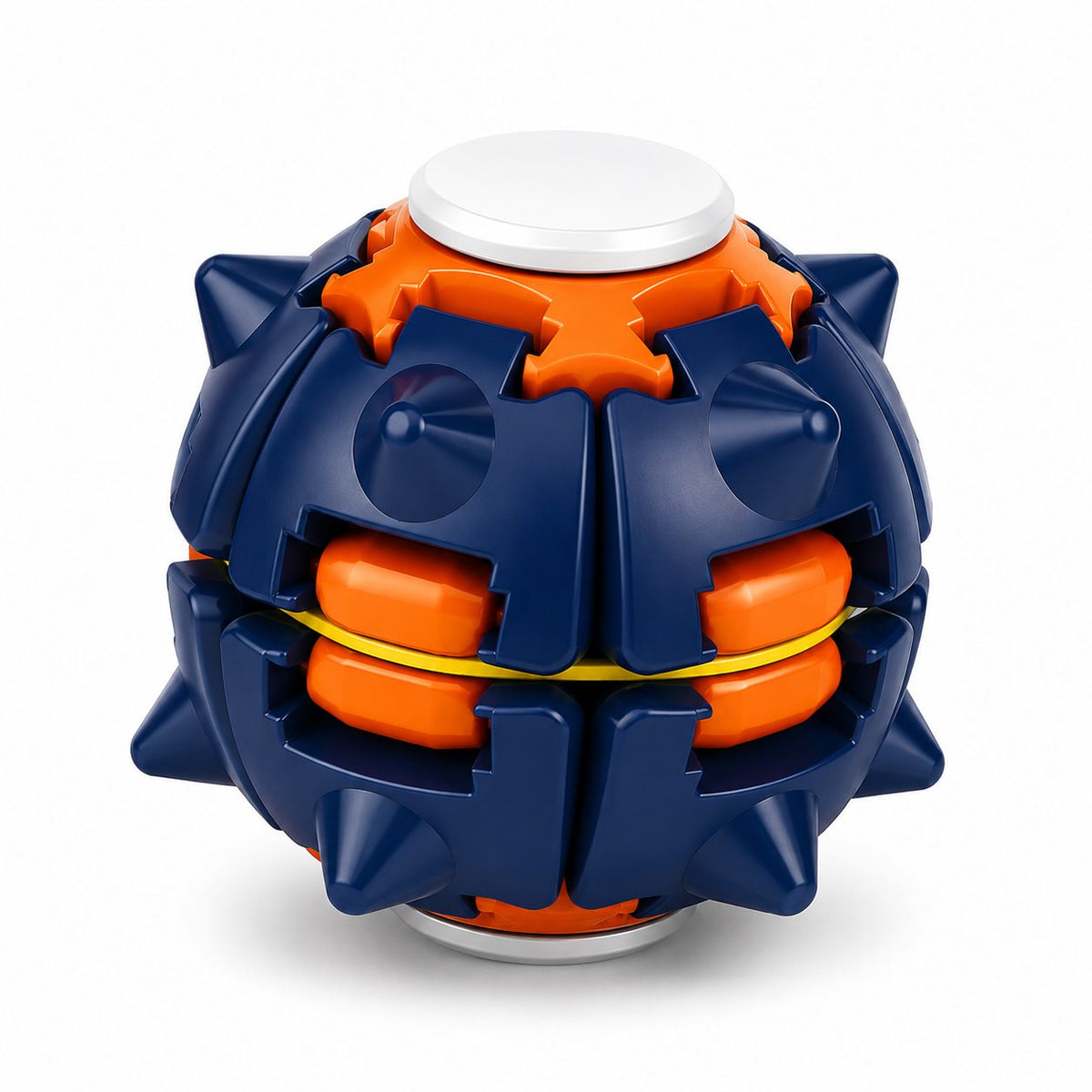 Jucarie Antistres Rotativa, Model Minge Push and Spin cu Structura 3D, Plastic ABS, 6.3 cm, Albastru Marin si Portocaliu