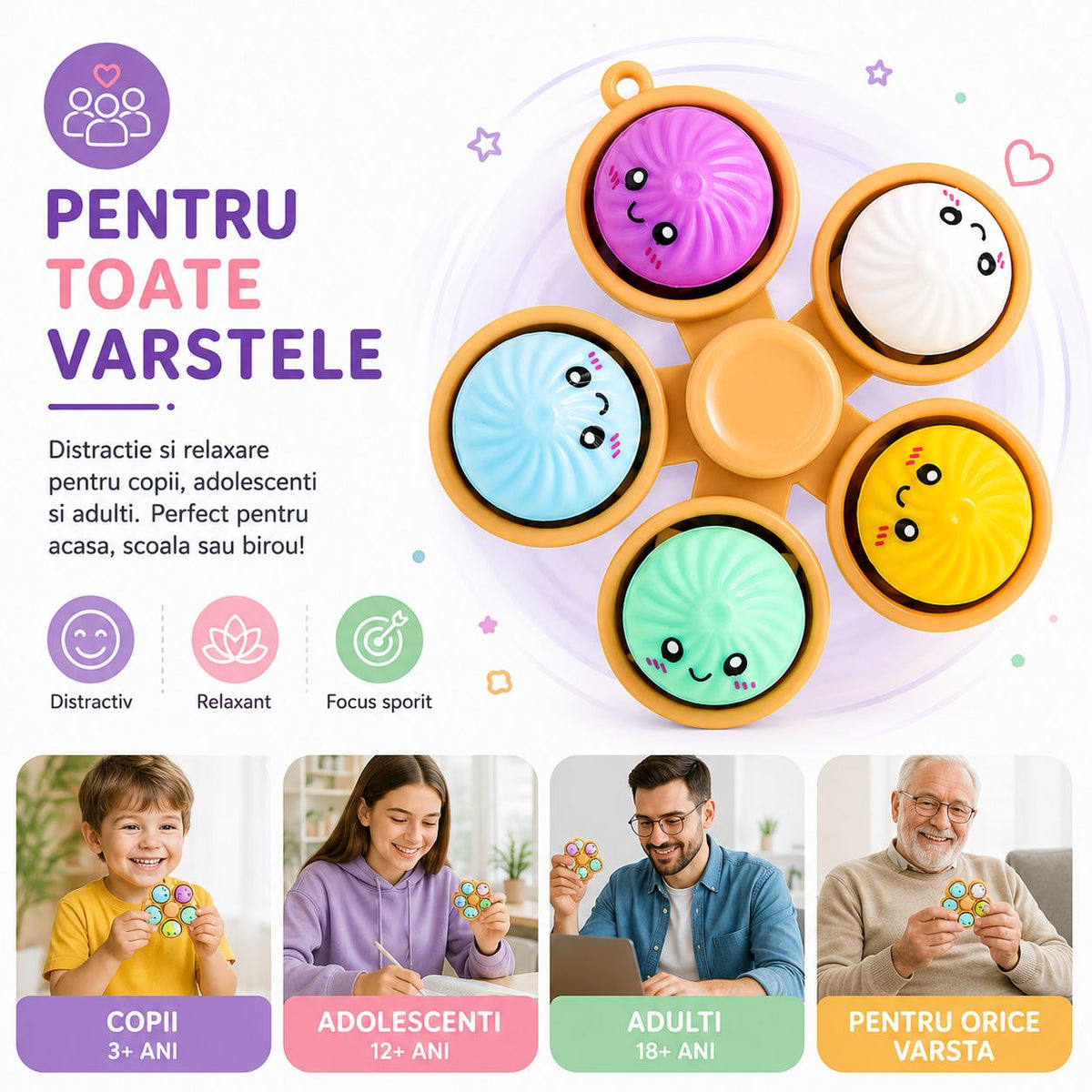 Fidget Spinner Antistres, Bile Senzoriale Baozi Kawaii, Plastic Si Cauciuc, 5 Elemente, Multicolor
