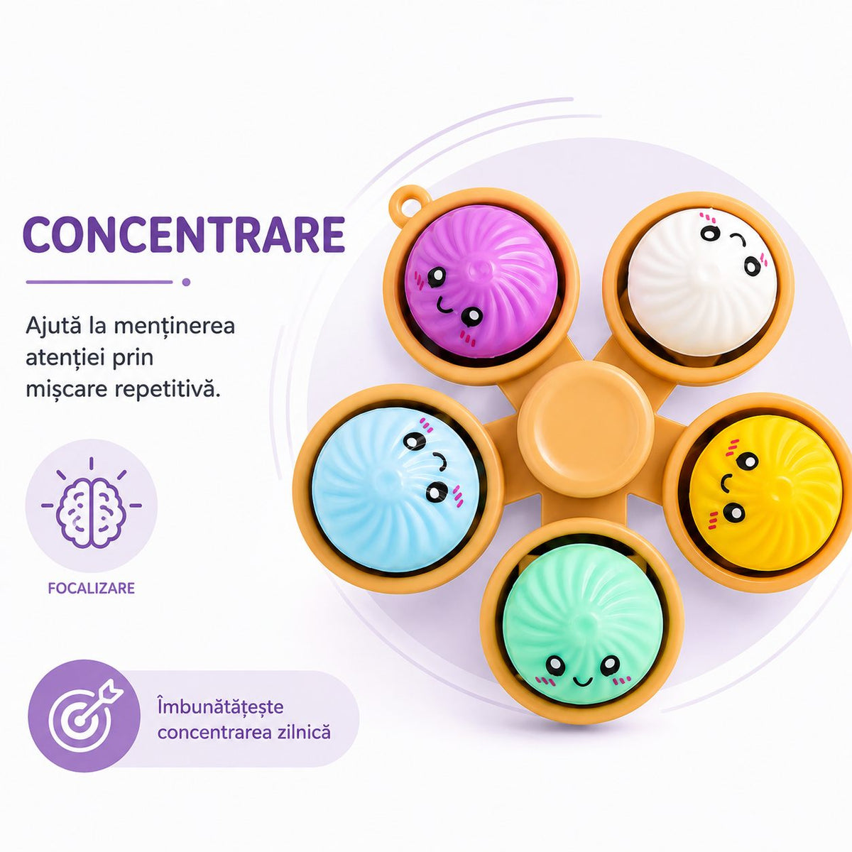 Fidget Spinner Antistres, Bile Senzoriale Baozi Kawaii, Plastic Si Cauciuc, 5 Elemente, Multicolor