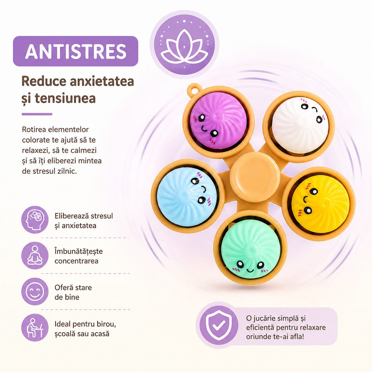 Fidget Spinner Antistres, Bile Senzoriale Baozi Kawaii, Plastic Si Cauciuc, 5 Elemente, Multicolor