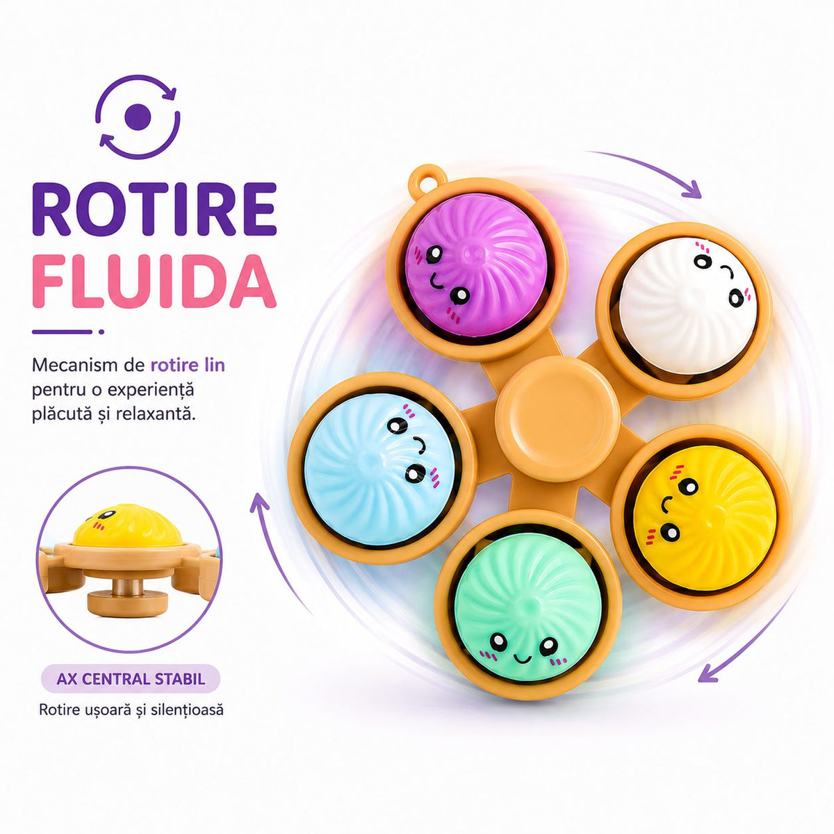 Fidget Spinner Antistres, Bile Senzoriale Baozi Kawaii, Plastic Si Cauciuc, 5 Elemente, Multicolor