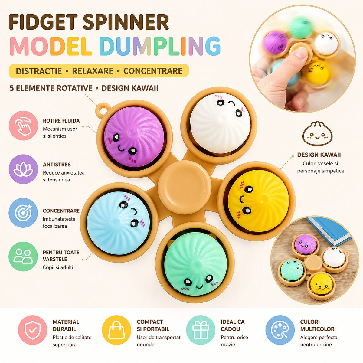 Fidget Spinner Antistres, Bile Senzoriale Baozi Kawaii, Plastic Si Cauciuc, 5 Elemente, Multicolor