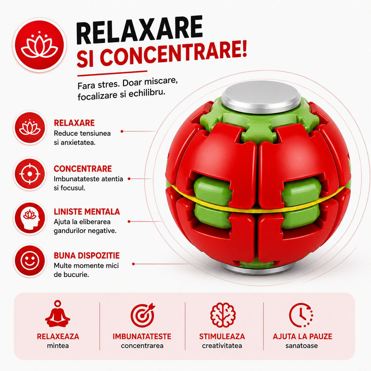 Jucarie Antistres Rotativa, Minge Push and Spin cu Structura 3D Interactiva, Plastic ABS, 6.3 cm, Rosu