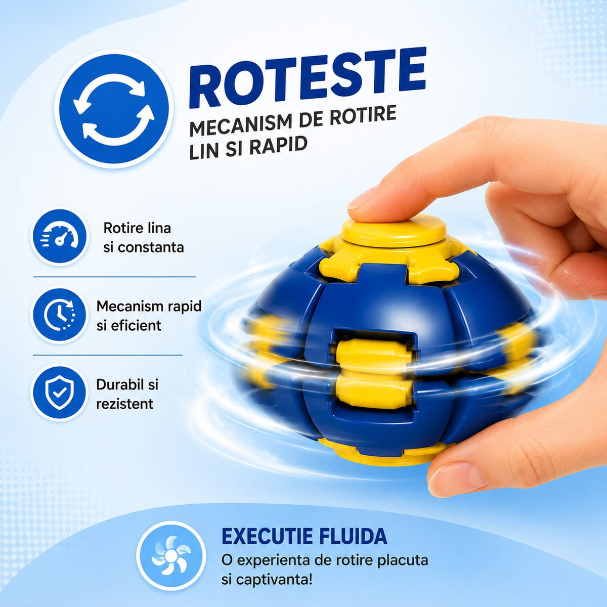 Jucarie Antistres Minge Puzzle Sferica, Structura 3D Interactiva cu Segmente Rotative, Plastic ABS, 6.3 cm, Albastru si Galben