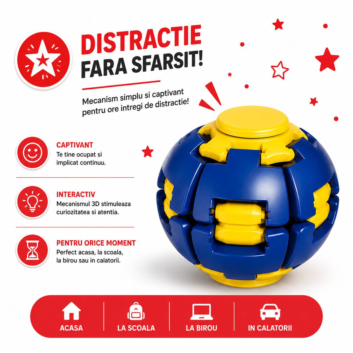 Jucarie Antistres Minge Puzzle Sferica, Structura 3D Interactiva cu Segmente Rotative, Plastic ABS, 6.3 cm, Albastru si Galben