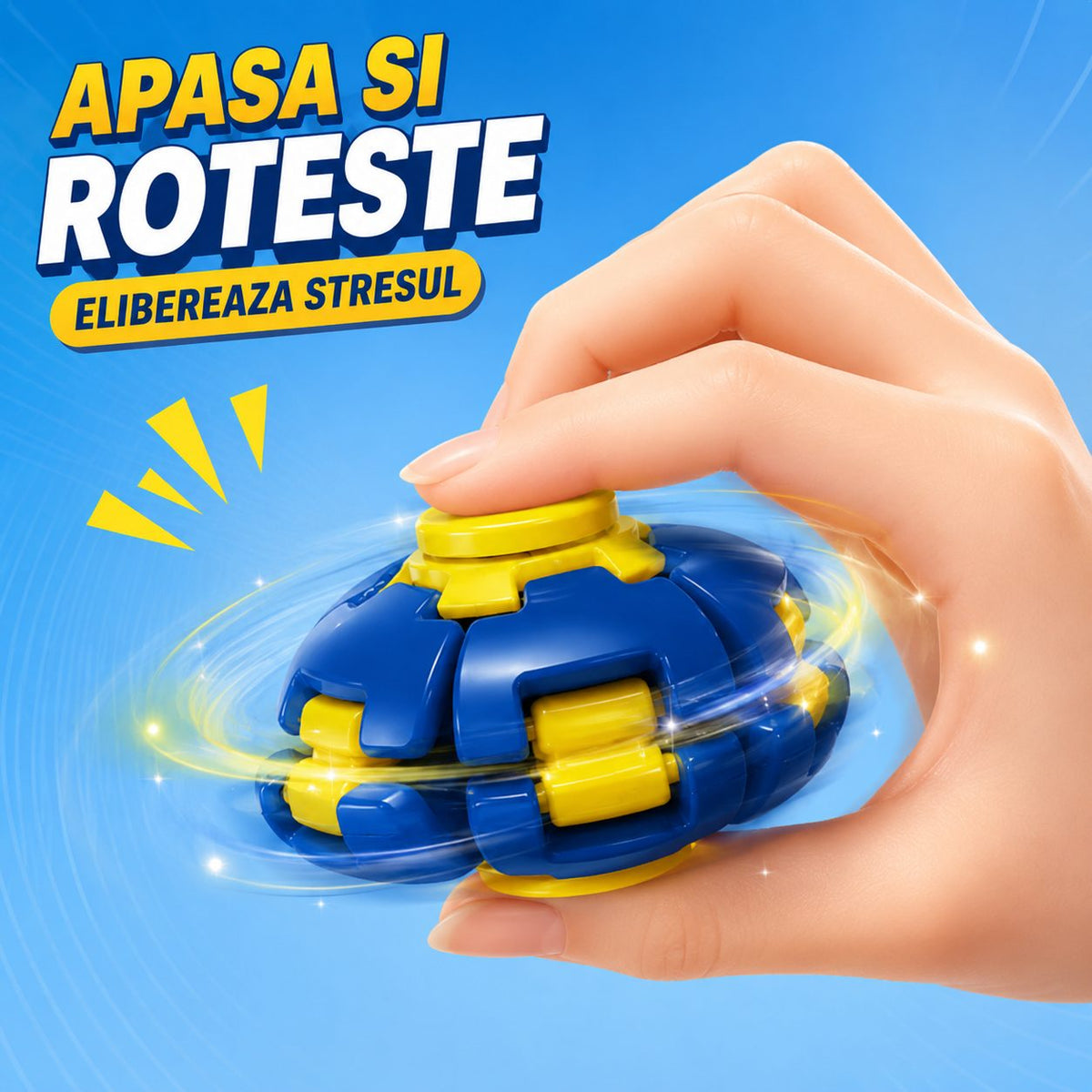 Jucarie Antistres Minge Puzzle Sferica, Structura 3D Interactiva cu Segmente Rotative, Plastic ABS, 6.3 cm, Albastru si Galben