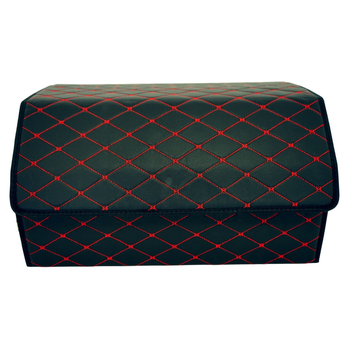 Organizator Portbagaj Auto Premium, Geanta Depozitare Pliabila cu Capac si 2 Compartimente, Piele Ecologica PU Impermeabila, 55 x 30 x 30 cm, Negru/Rosu