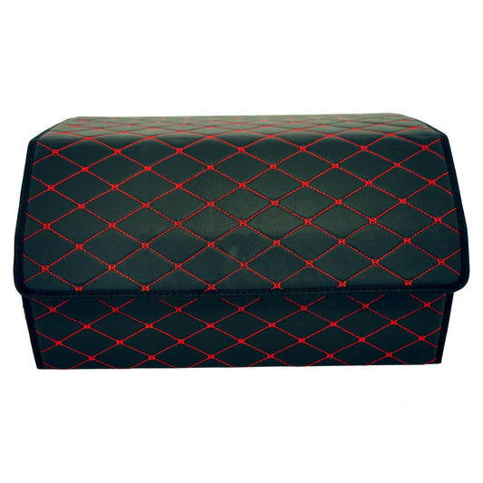 Organizator Portbagaj Auto Premium, Geanta Depozitare Pliabila cu Capac si 2 Compartimente, Piele Ecologica PU Impermeabila, 55 x 30 x 30 cm, Negru/Rosu