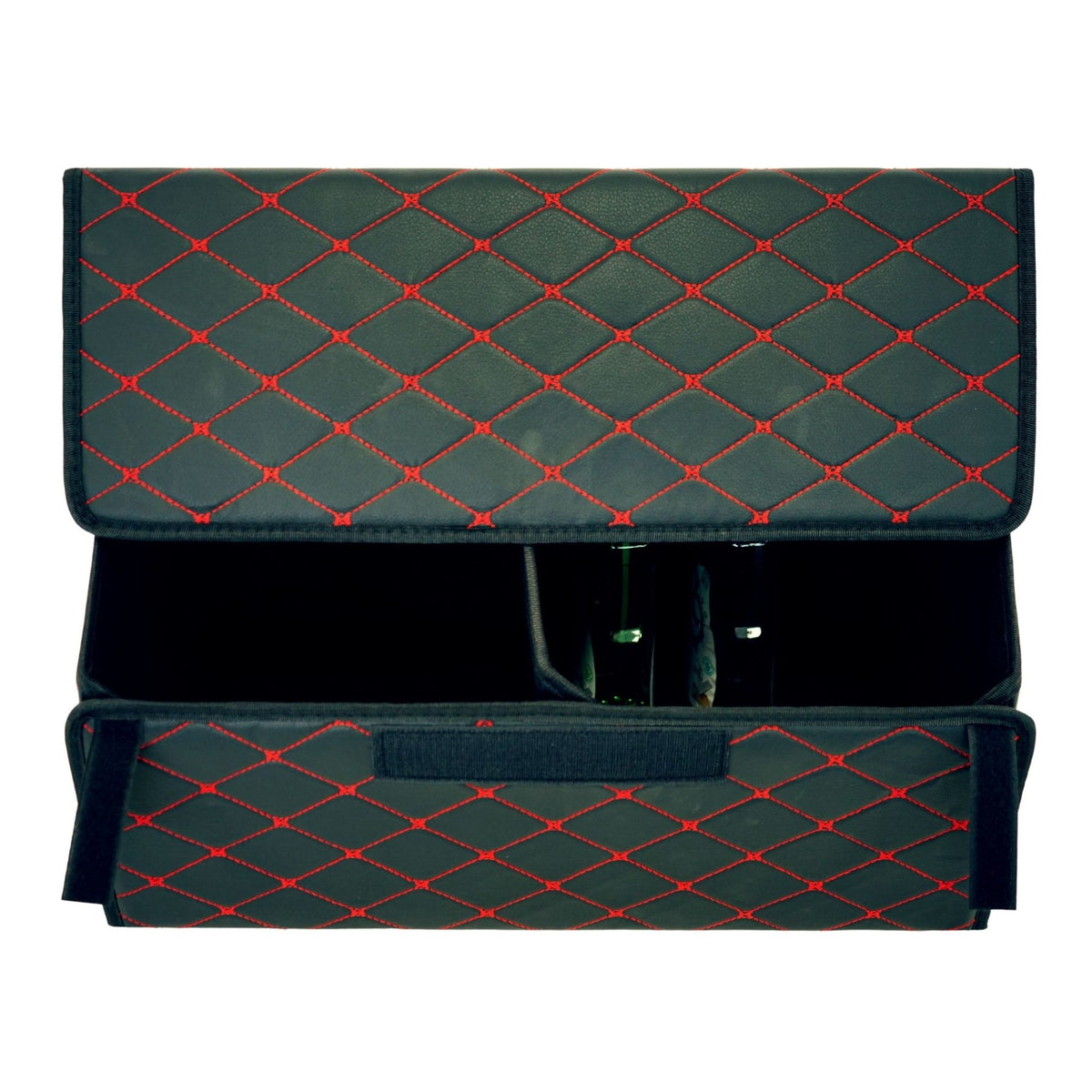 Organizator Portbagaj Auto Premium, Geanta Depozitare Pliabila cu Capac si 2 Compartimente, Piele Ecologica PU Impermeabila, 55 x 30 x 30 cm, Negru/Rosu
