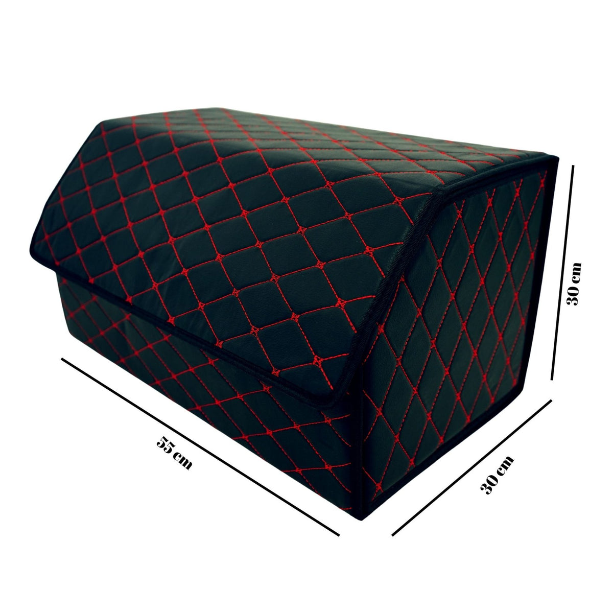 Organizator Portbagaj Auto Premium, Geanta Depozitare Pliabila cu Capac si 2 Compartimente, Piele Ecologica PU Impermeabila, 55 x 30 x 30 cm, Negru/Rosu