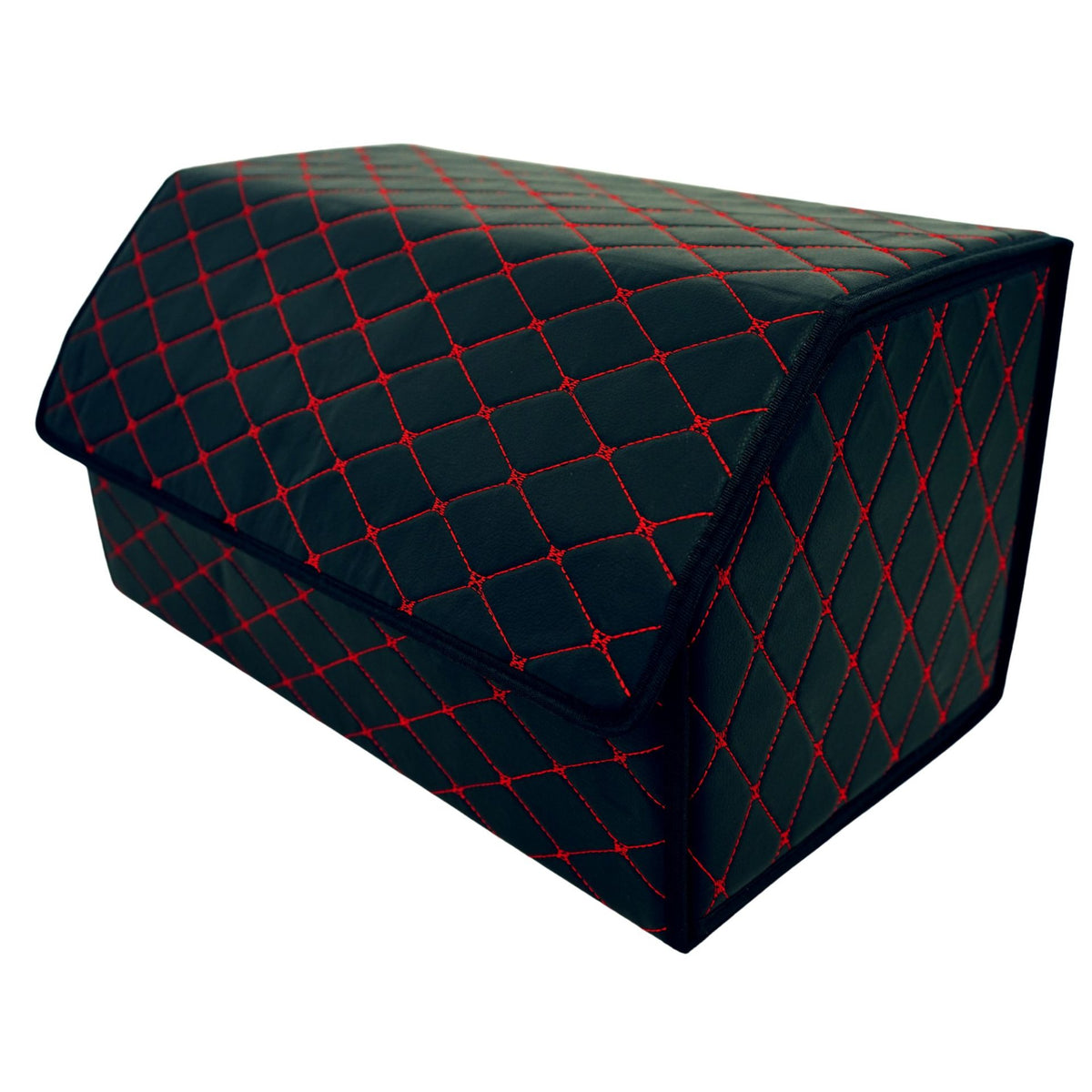 Organizator Portbagaj Auto Premium, Geanta Depozitare Pliabila cu Capac si 2 Compartimente, Piele Ecologica PU Impermeabila, 55 x 30 x 30 cm, Negru/Rosu