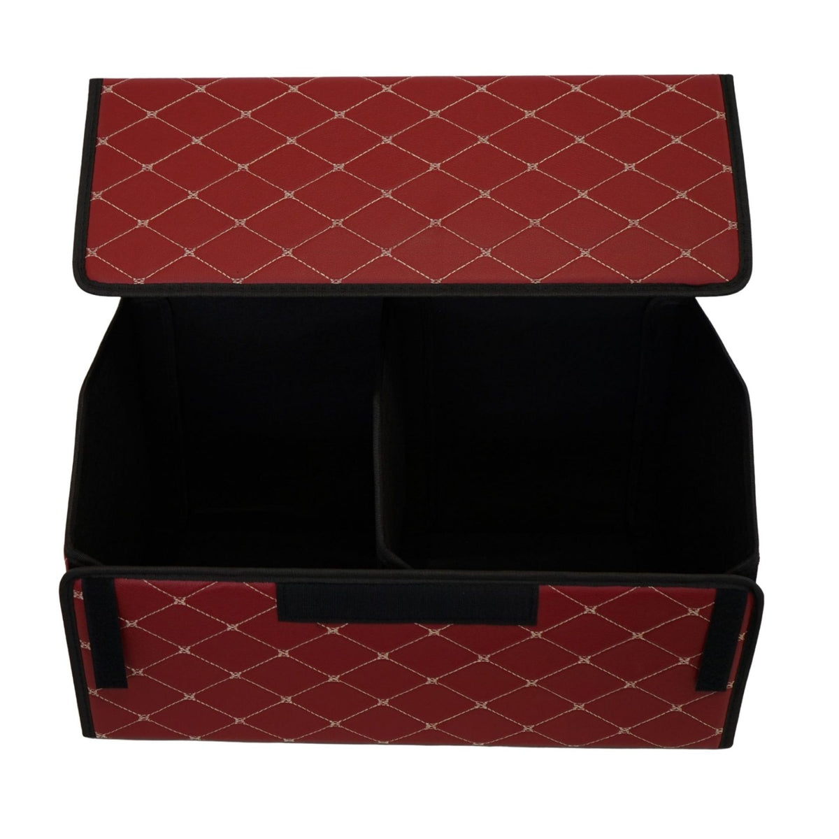 Organizator Portbagaj Auto Premium, Geanta Depozitare Pliabila cu Capac, Impermeabil si Rezistent la Uzura, Piele Ecologica, 2 Compartimente, Bordo, 55 x 30 x 30 cm