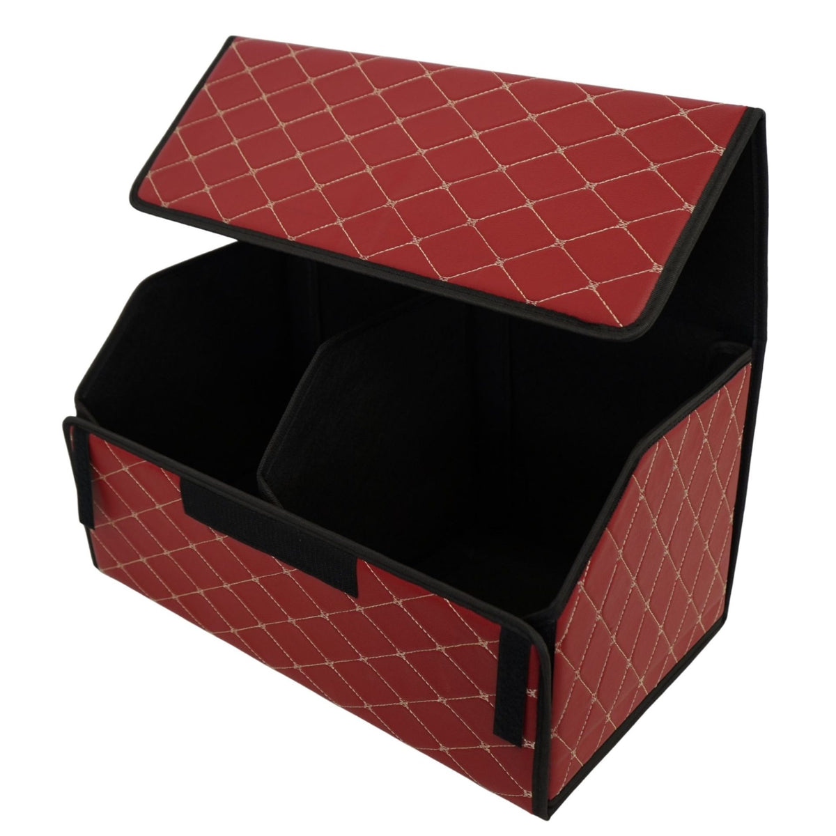 Organizator Portbagaj Auto Premium, Geanta Depozitare Pliabila cu Capac, Impermeabil si Rezistent la Uzura, Piele Ecologica, 2 Compartimente, Bordo, 55 x 30 x 30 cm