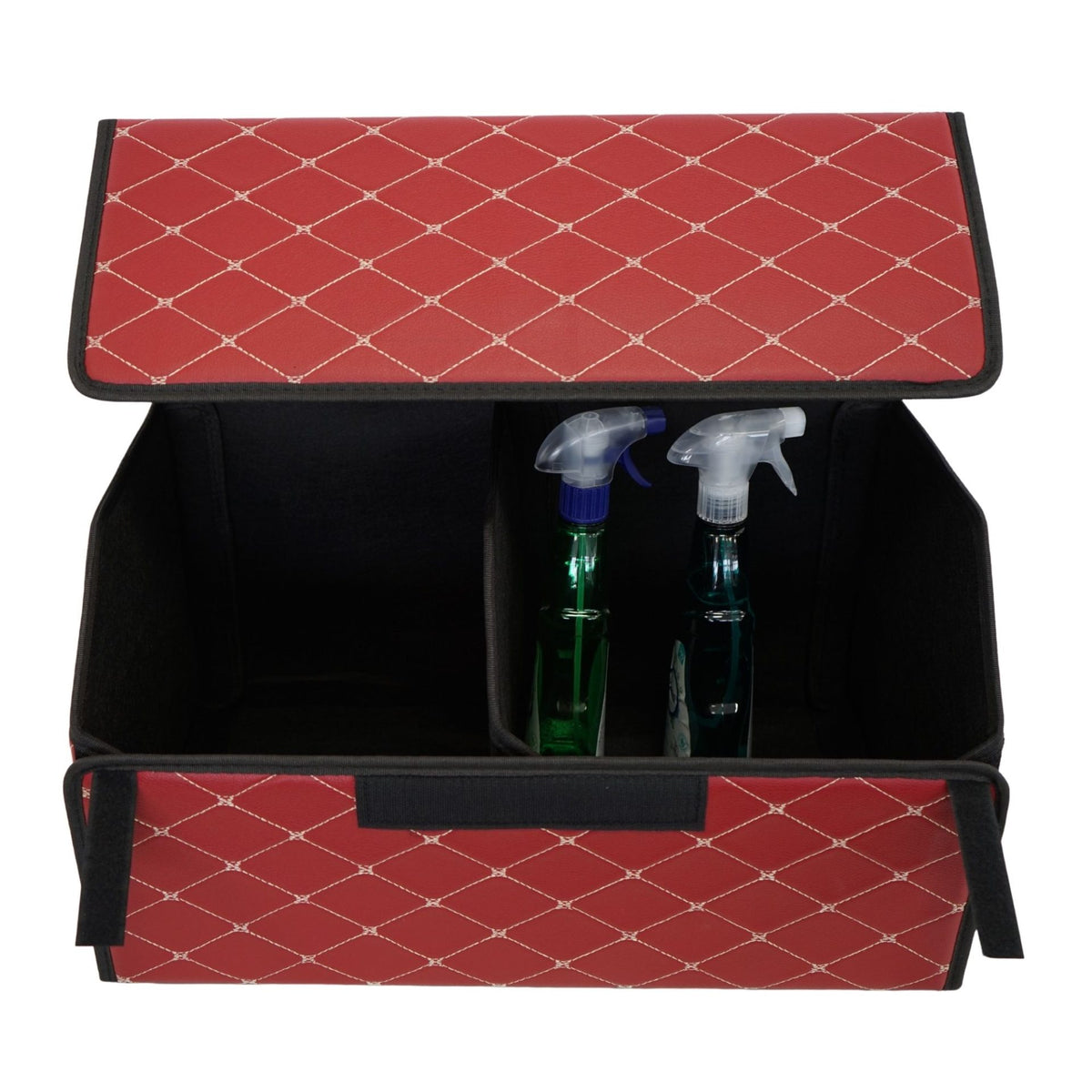 Organizator Portbagaj Auto Premium, Geanta Depozitare Pliabila cu Capac, Impermeabil si Rezistent la Uzura, Piele Ecologica, 2 Compartimente, Bordo, 55 x 30 x 30 cm