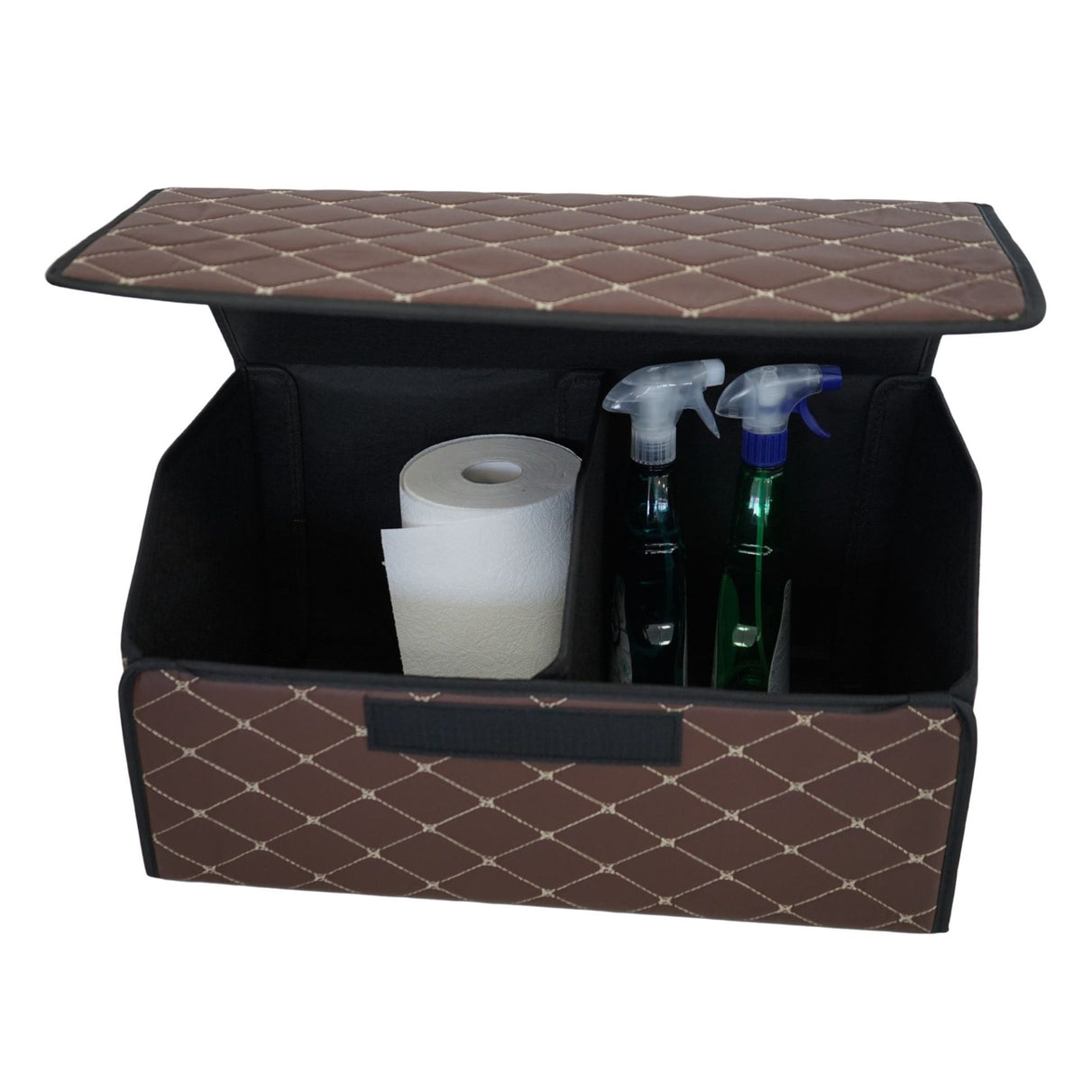 Organizator Portbagaj Auto, Cutie Depozitare Premium cu Capac, Pliabil si Impermeabil, Piele Ecologica PU, 2 Compartimente, Maro Havana, 55 x 30 x 30 cm
