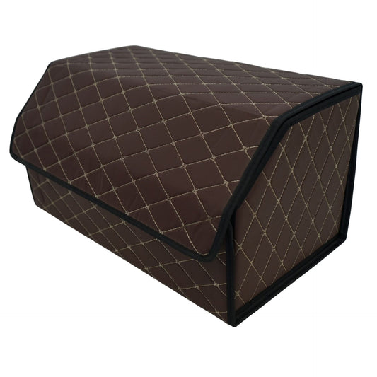 Organizator Portbagaj Auto, Cutie Depozitare Premium cu Capac, Pliabil si Impermeabil, Piele Ecologica PU, 2 Compartimente, Maro Havana, 55 x 30 x 30 cm