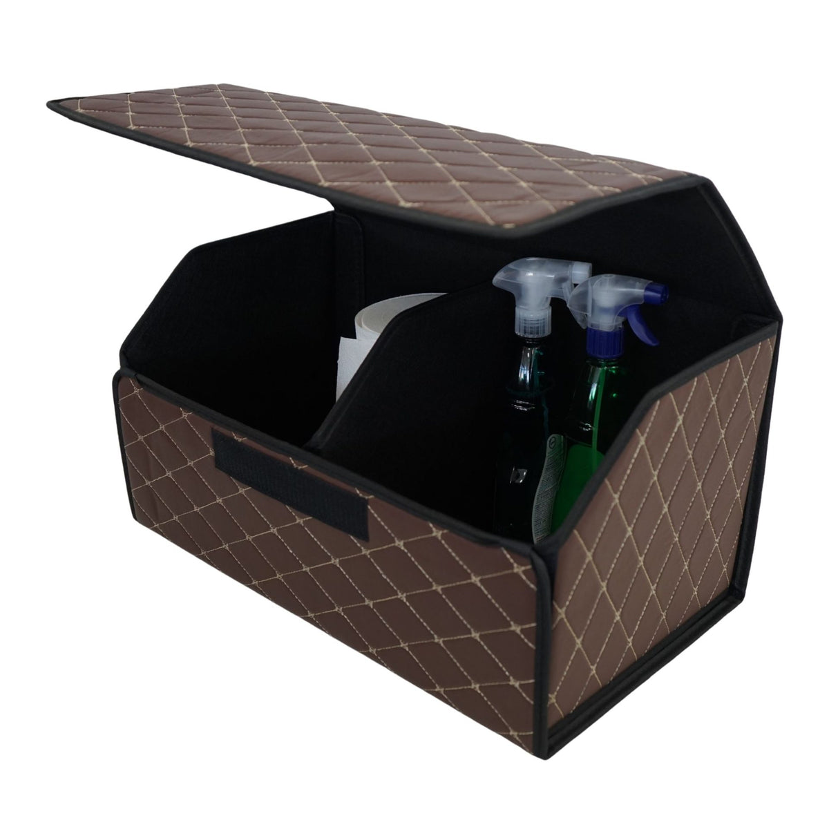 Organizator Portbagaj Auto, Cutie Depozitare Premium cu Capac, Pliabil si Impermeabil, Piele Ecologica PU, 2 Compartimente, Maro Havana, 55 x 30 x 30 cm