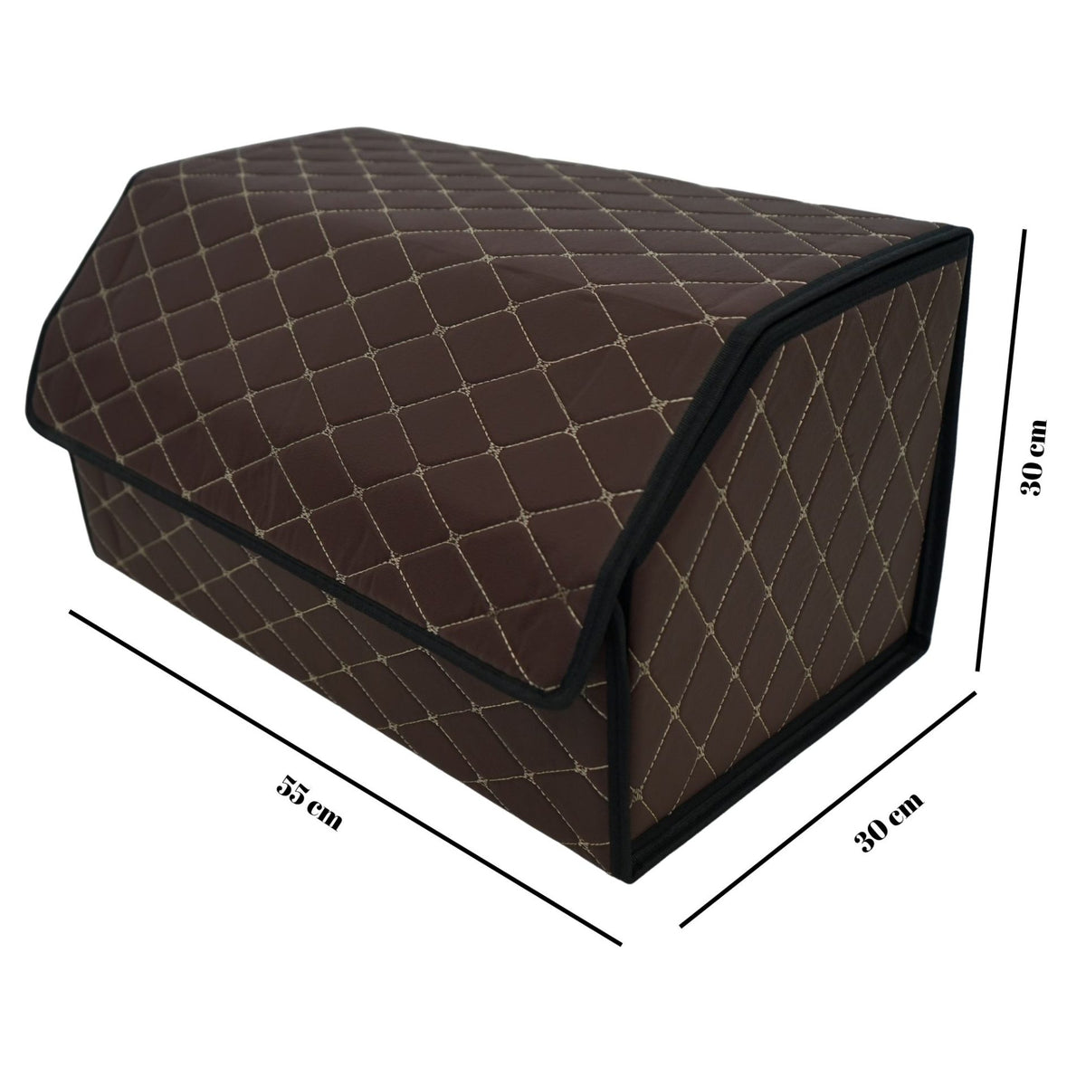 Organizator Portbagaj Auto, Cutie Depozitare Premium cu Capac, Pliabil si Impermeabil, Piele Ecologica PU, 2 Compartimente, Maro Havana, 55 x 30 x 30 cm