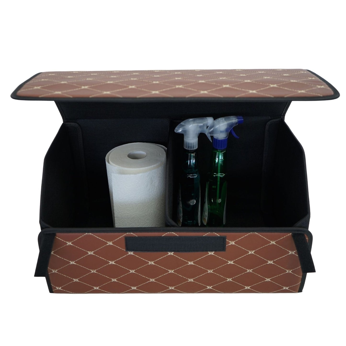 Organizator Portbagaj Auto Premium, Geanta Depozitare Pliabila cu Capac, Impermeabila, Piele Ecologica PU, 2 Compartimente, Maro Inchis, 55 x 30 x 30 cm