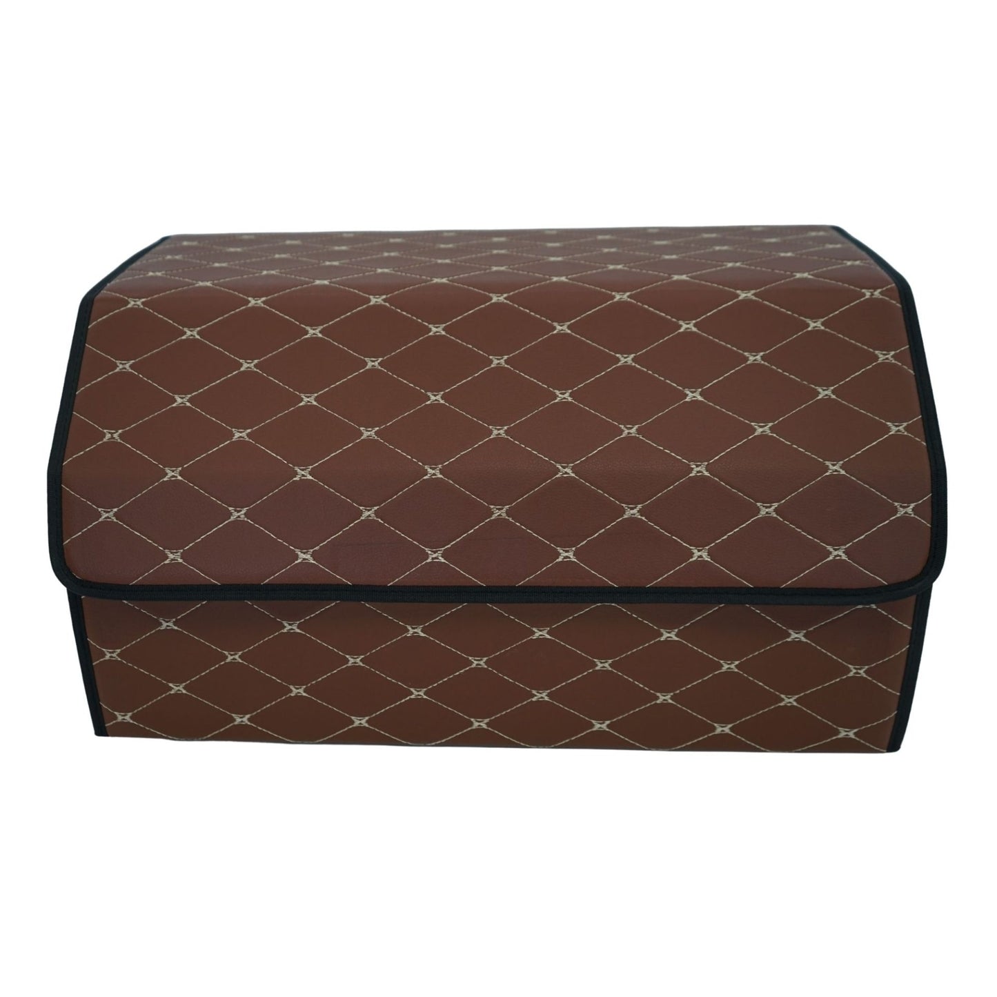 Organizator Portbagaj Auto Premium, Geanta Depozitare Pliabila cu Capac, Impermeabila, Piele Ecologica PU, 2 Compartimente, Maro Inchis, 55 x 30 x 30 cm