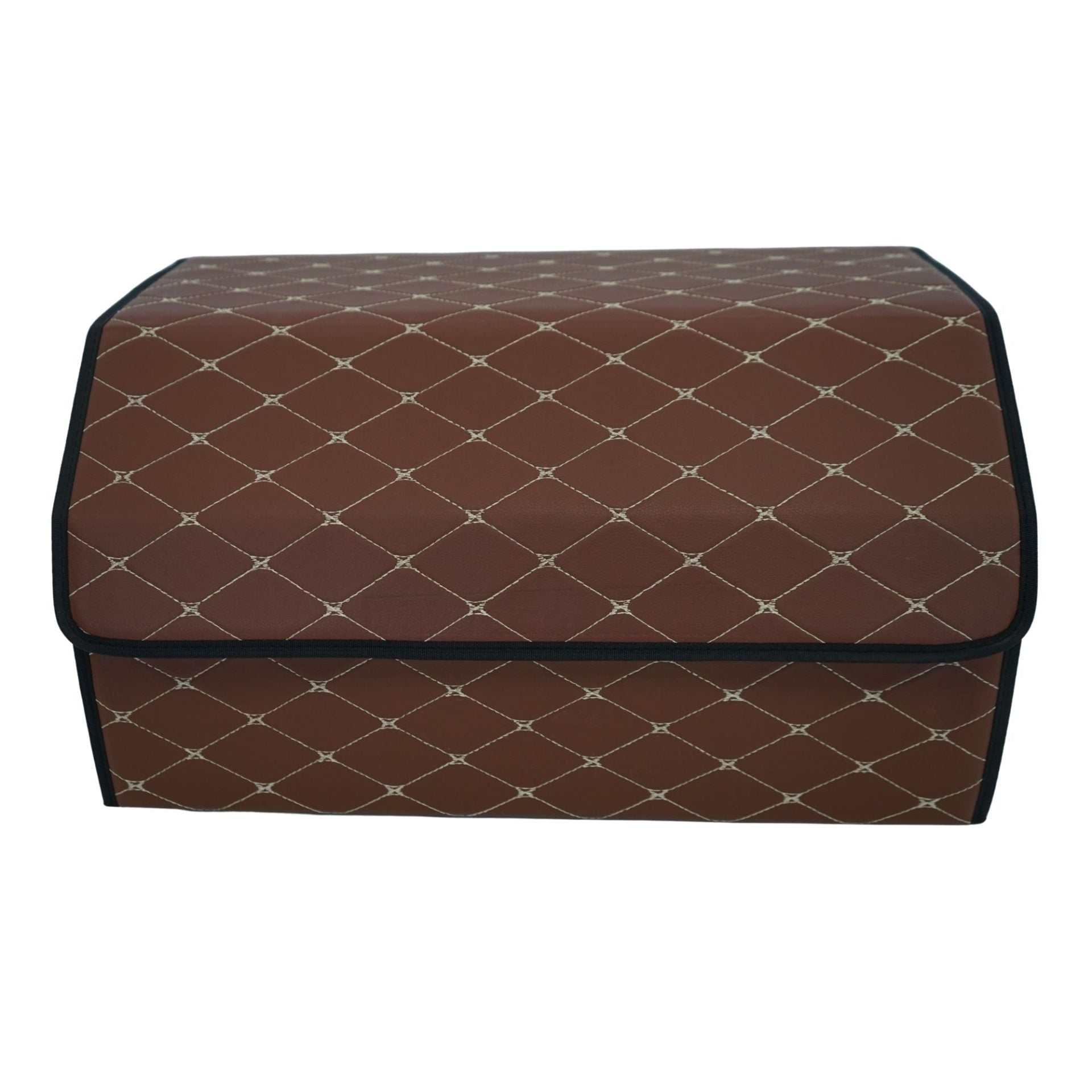 Organizator Portbagaj Auto Premium, Geanta Depozitare Pliabila cu Capac, Impermeabila, Piele Ecologica PU, 2 Compartimente, Maro Inchis, 55 x 30 x 30 cm