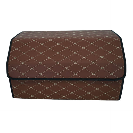 Organizator Portbagaj Auto Premium, Geanta Depozitare Pliabila cu Capac, Impermeabila, Piele Ecologica PU, 2 Compartimente, Maro Inchis, 55 x 30 x 30 cm
