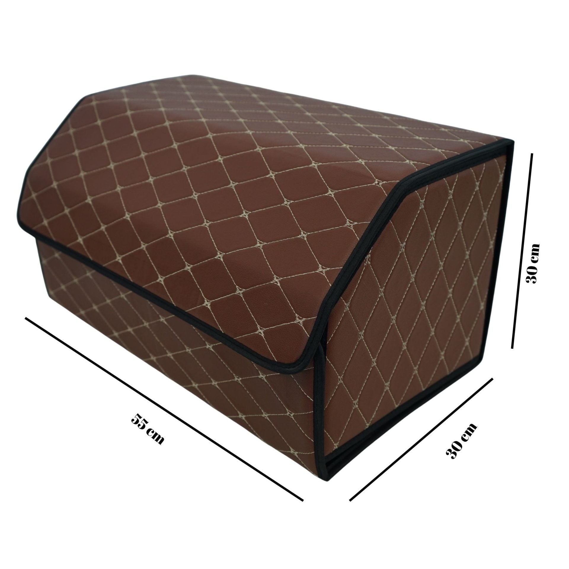 Organizator Portbagaj Auto Premium, Geanta Depozitare Pliabila cu Capac, Impermeabila, Piele Ecologica PU, 2 Compartimente, Maro Inchis, 55 x 30 x 30 cm