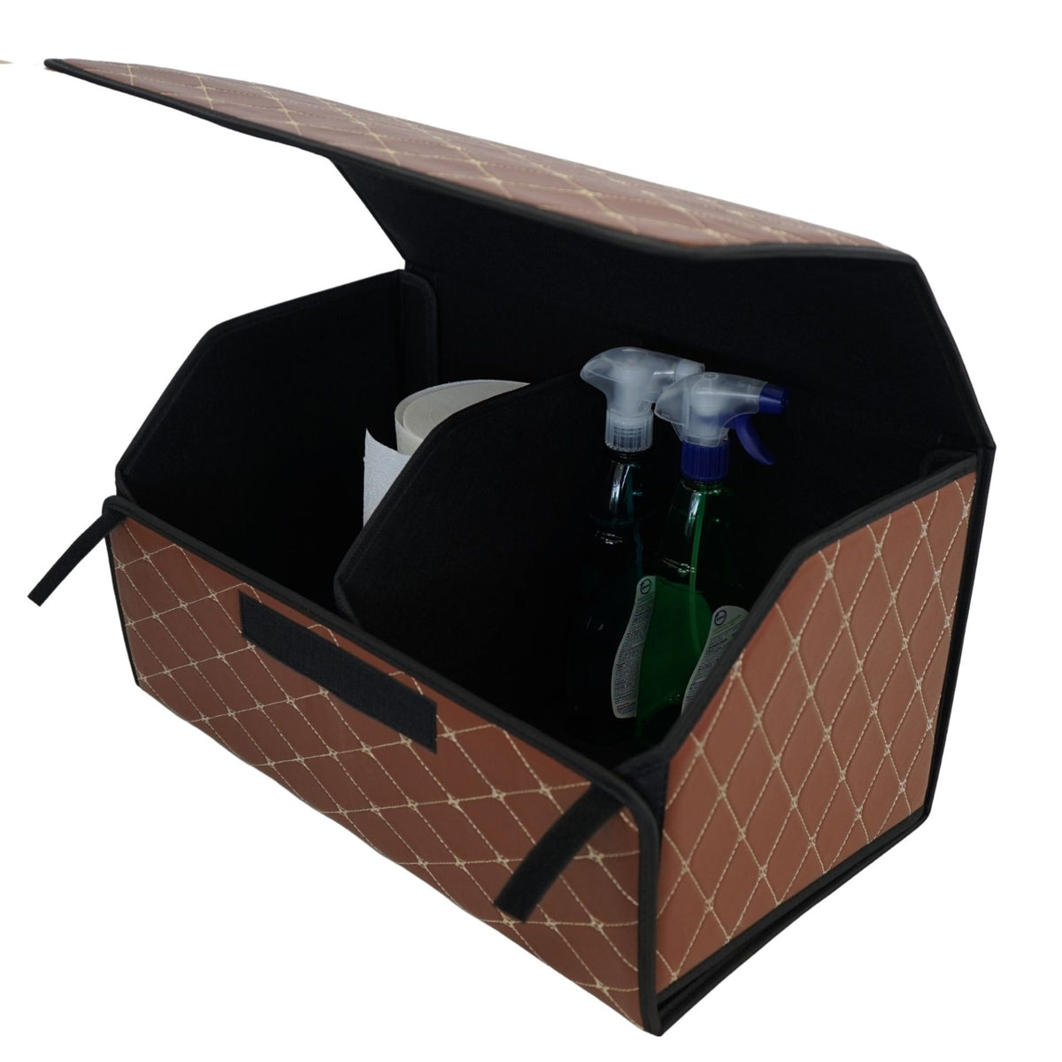 Organizator Portbagaj Auto Premium, Geanta Depozitare Pliabila cu Capac, Impermeabila, Piele Ecologica PU, 2 Compartimente, Maro Inchis, 55 x 30 x 30 cm