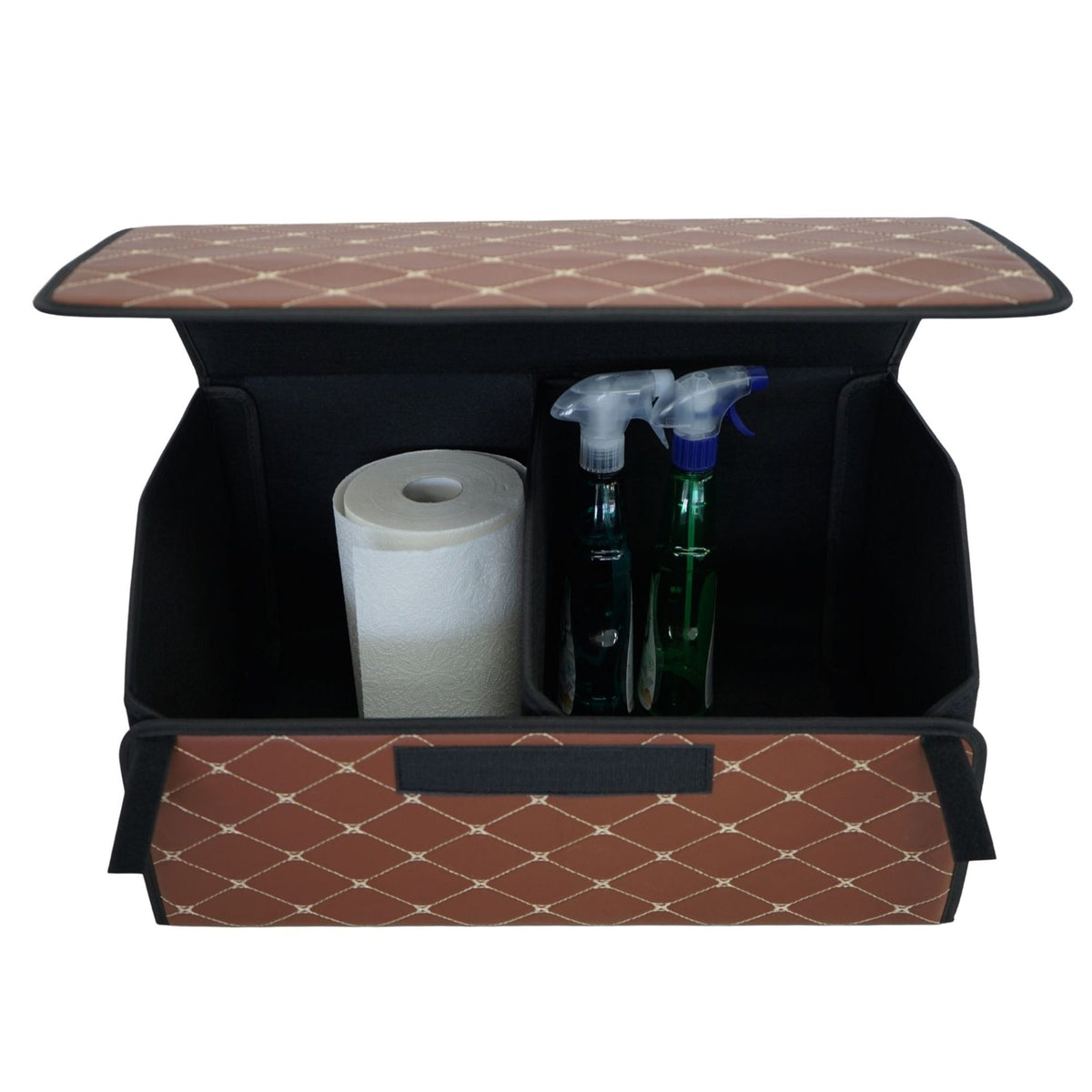 Organizator Portbagaj Auto Premium, Geanta Depozitare Pliabila cu Capac, Impermeabila, Piele Ecologica PU, 2 Compartimente, Maro Inchis, 55 x 30 x 30 cm