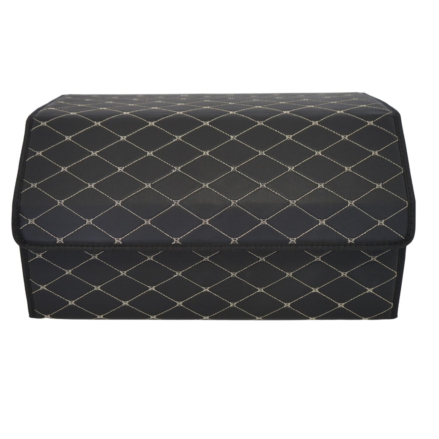 Organizator Portbagaj Auto, Cutie Depozitare Premium cu Capac, Piele Ecologica Impermeabila, Structura Pliabila, 2 Compartimente, Negru/Alb, 55 x 30 x 30 cm