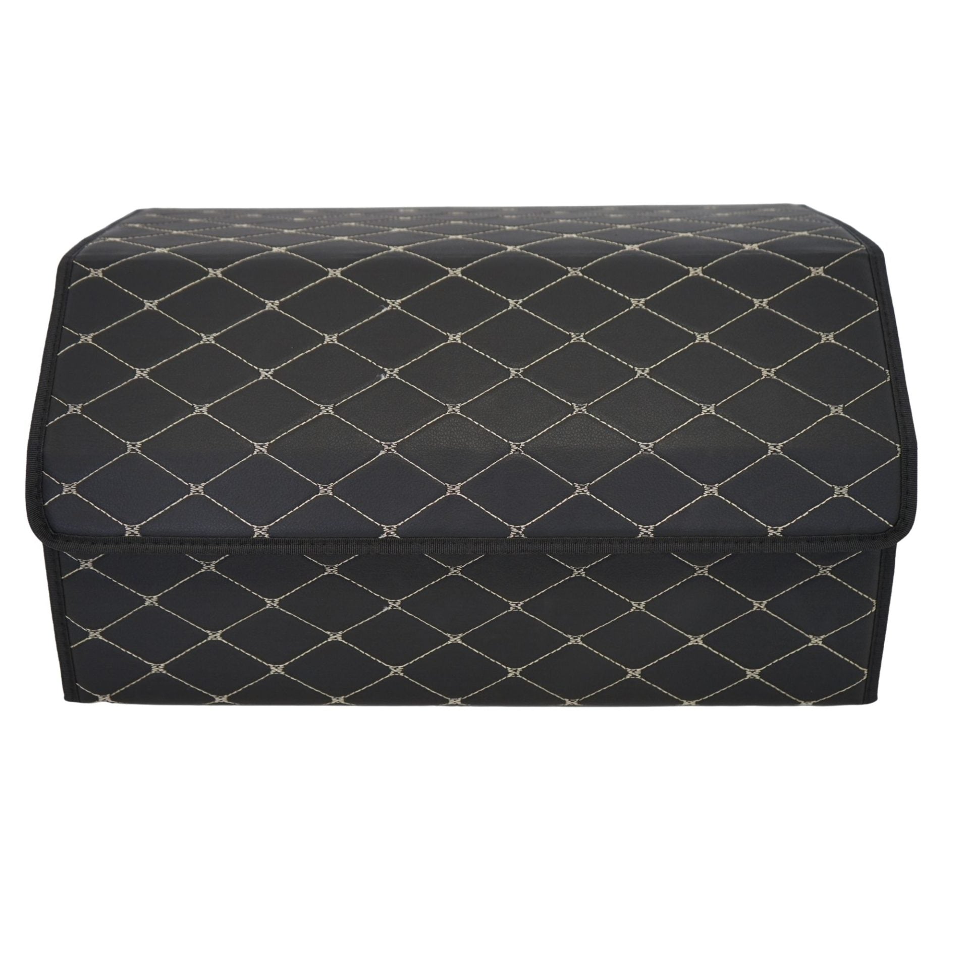 Organizator Portbagaj Auto, Cutie Depozitare Premium cu Capac, Piele Ecologica Impermeabila, Structura Pliabila, 2 Compartimente, Negru/Alb, 55 x 30 x 30 cm