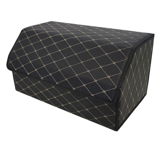 Organizator Portbagaj Auto, Cutie Depozitare Premium cu Capac, Piele Ecologica Impermeabila, Structura Pliabila, 2 Compartimente, Negru/Alb, 55 x 30 x 30 cm