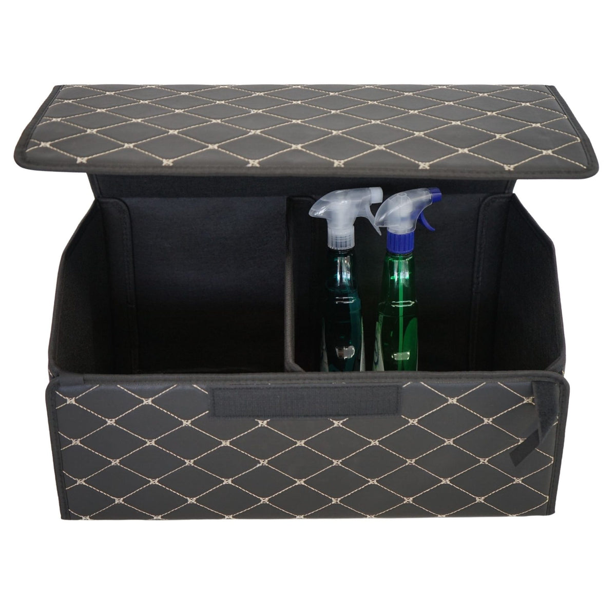 Organizator Portbagaj Auto, Cutie Depozitare Premium cu Capac, Piele Ecologica Impermeabila, Structura Pliabila, 2 Compartimente, Negru/Alb, 55 x 30 x 30 cm
