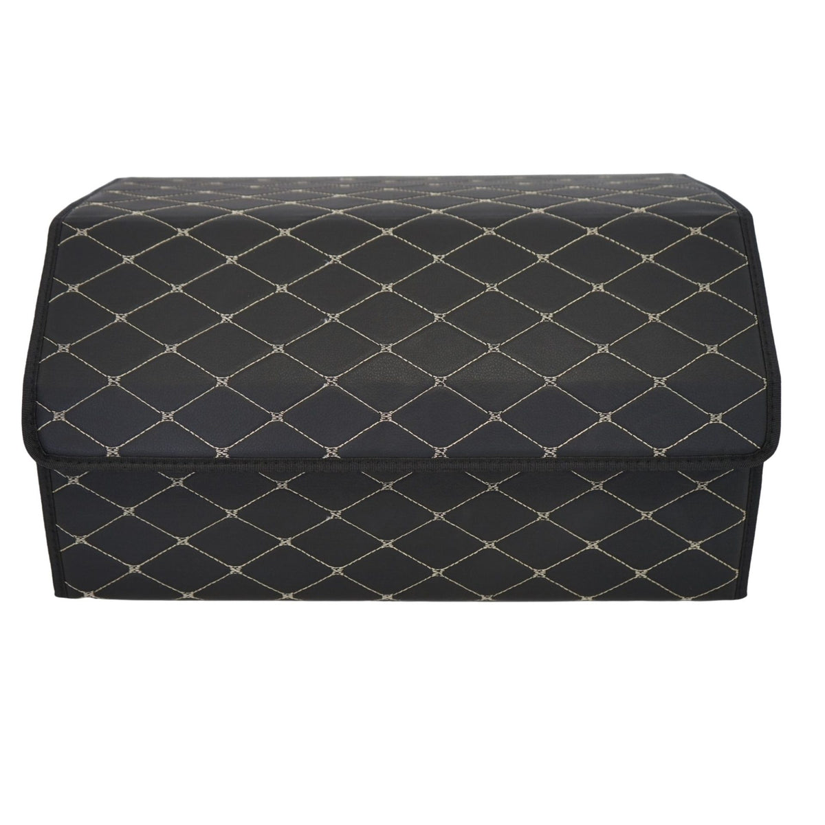 Organizator Portbagaj Auto, Cutie Depozitare Premium cu Capac, Piele Ecologica Impermeabila, Structura Pliabila, 2 Compartimente, Negru/Alb, 55 x 30 x 30 cm