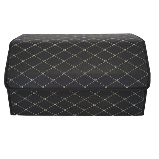 Organizator Portbagaj Auto, Cutie Depozitare Premium cu Capac, Piele Ecologica Impermeabila, Structura Pliabila, 2 Compartimente, Negru/Alb, 55 x 30 x 30 cm