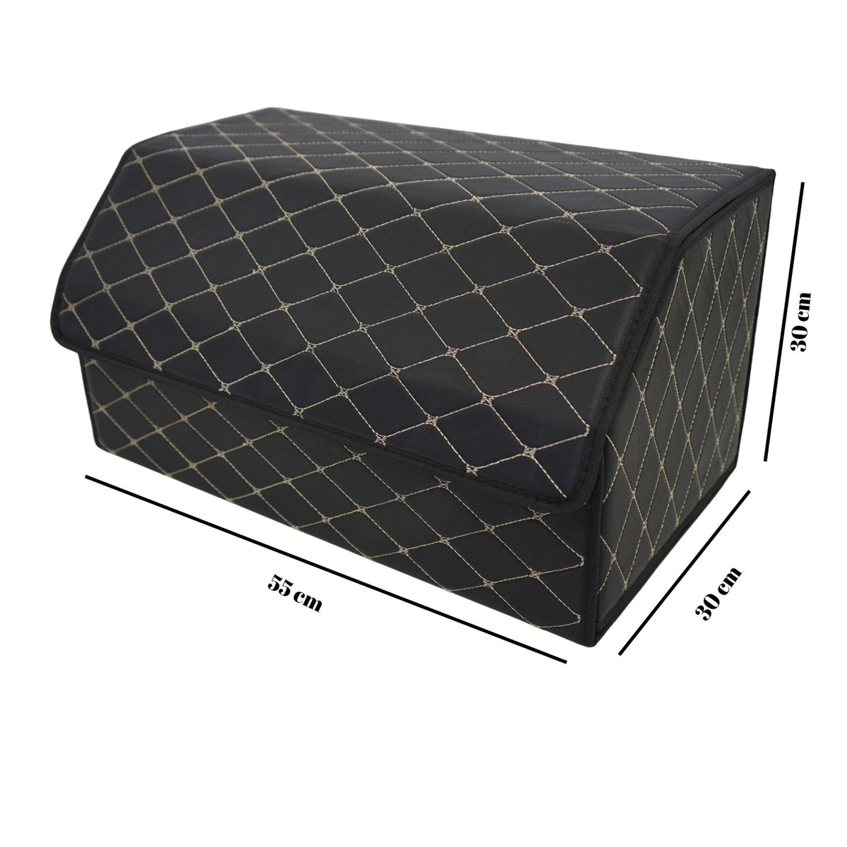 Organizator Portbagaj Auto, Cutie Depozitare Premium cu Capac, Piele Ecologica Impermeabila, Structura Pliabila, 2 Compartimente, Negru/Alb, 55 x 30 x 30 cm