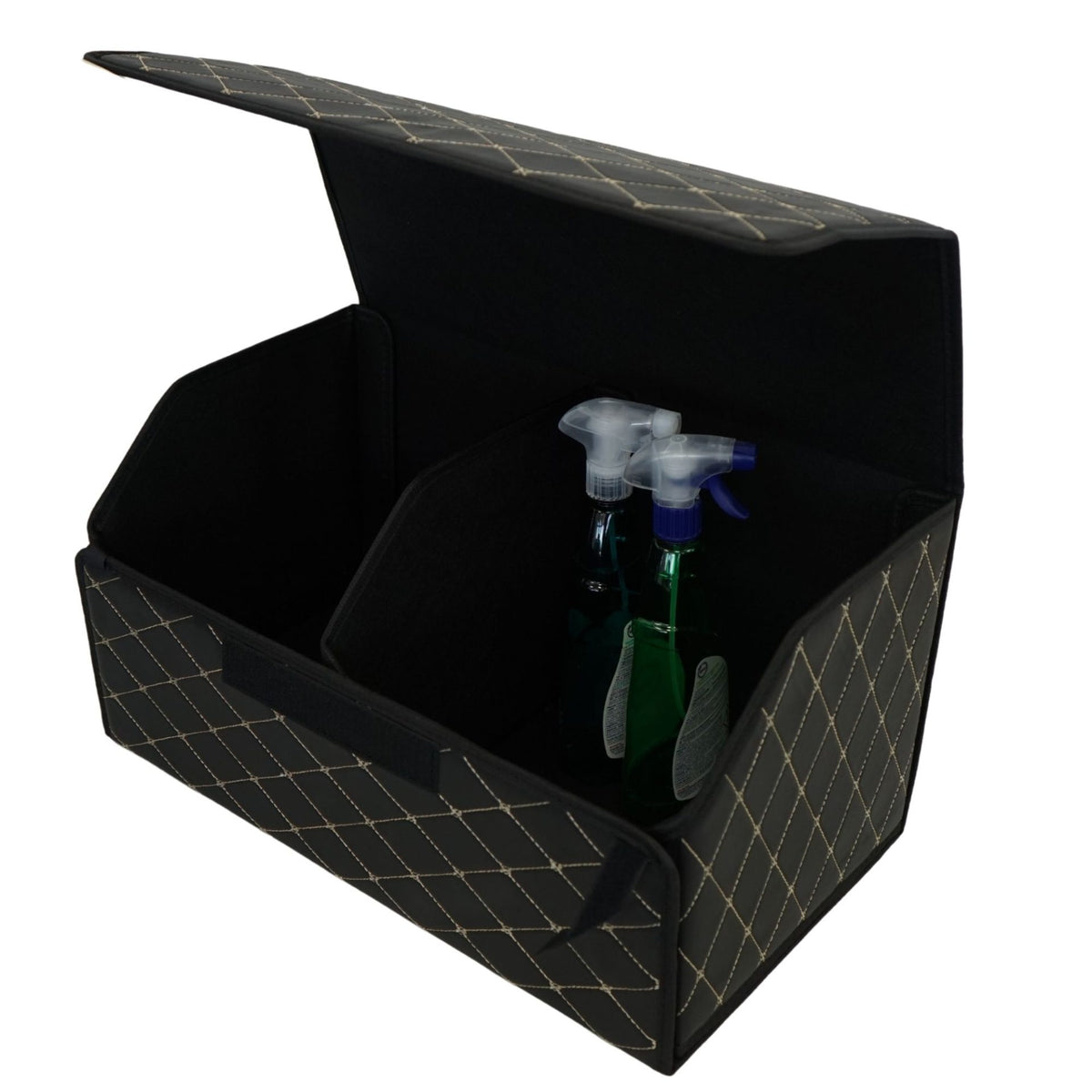 Organizator Portbagaj Auto, Cutie Depozitare Premium cu Capac, Piele Ecologica Impermeabila, Structura Pliabila, 2 Compartimente, Negru/Alb, 55 x 30 x 30 cm