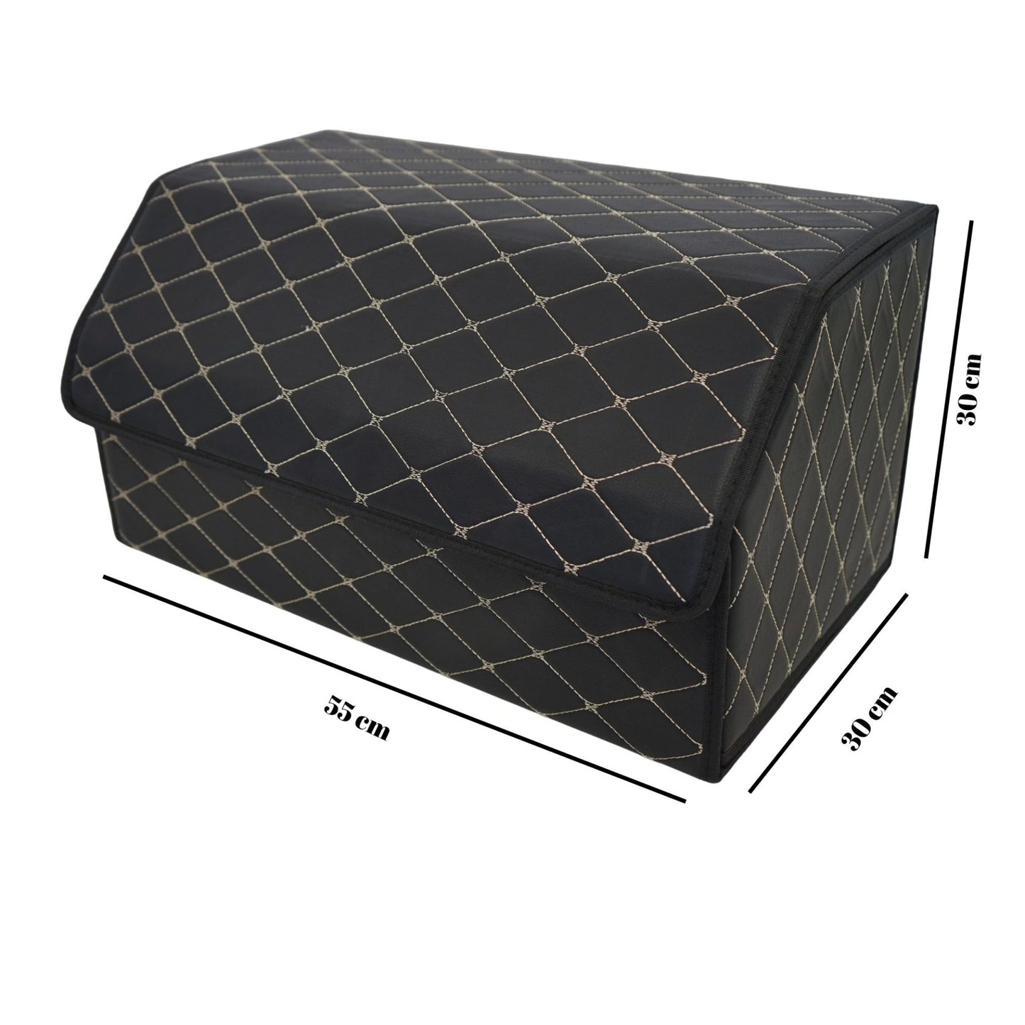 Organizator Portbagaj Auto, Cutie Depozitare Premium cu Capac, Piele Ecologica Impermeabila, Structura Pliabila, 2 Compartimente, Negru/Alb, 55 x 30 x 30 cm