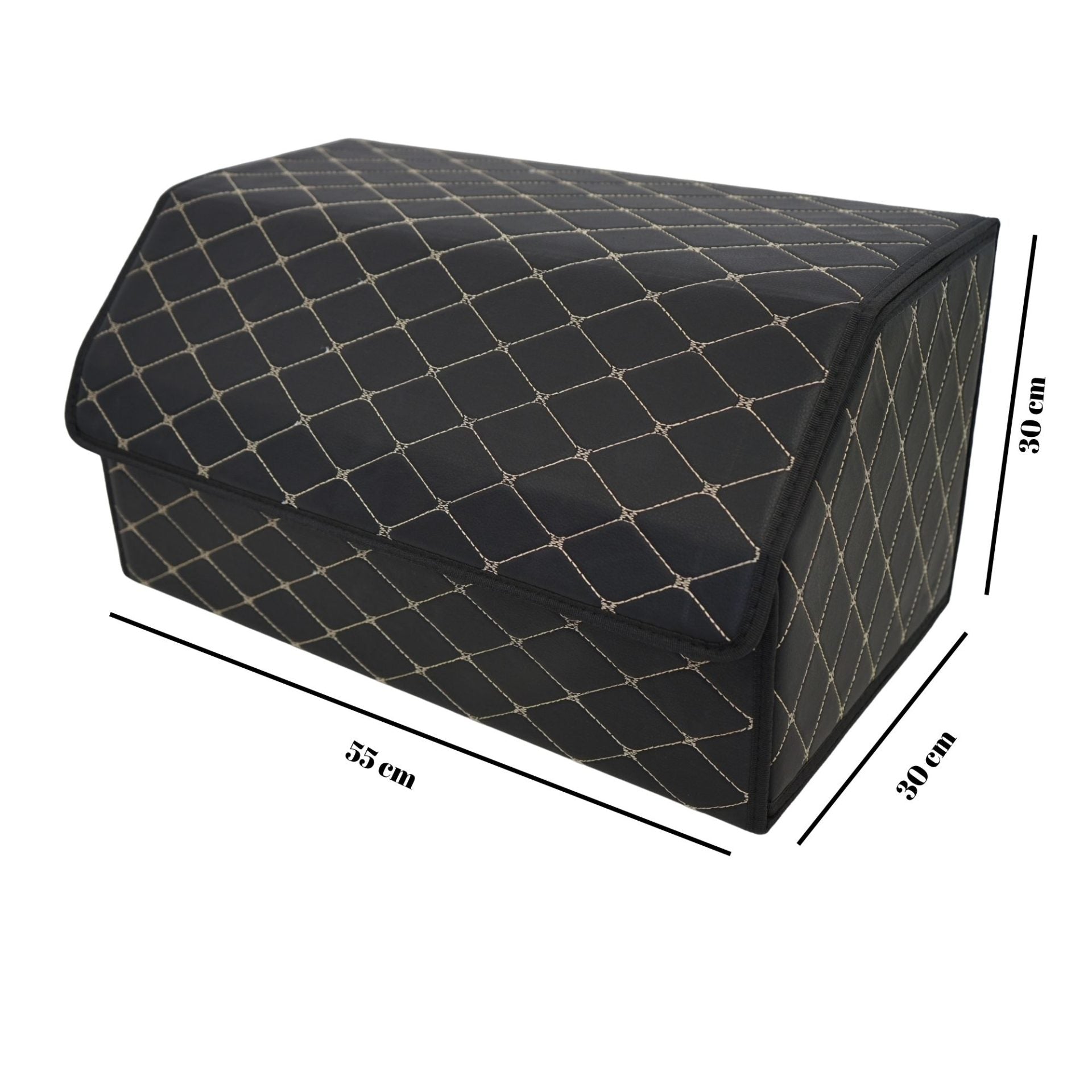 Organizator Portbagaj Auto, Cutie Depozitare Premium cu Capac, Piele Ecologica Impermeabila, Structura Pliabila, 2 Compartimente, Negru/Alb, 55 x 30 x 30 cm