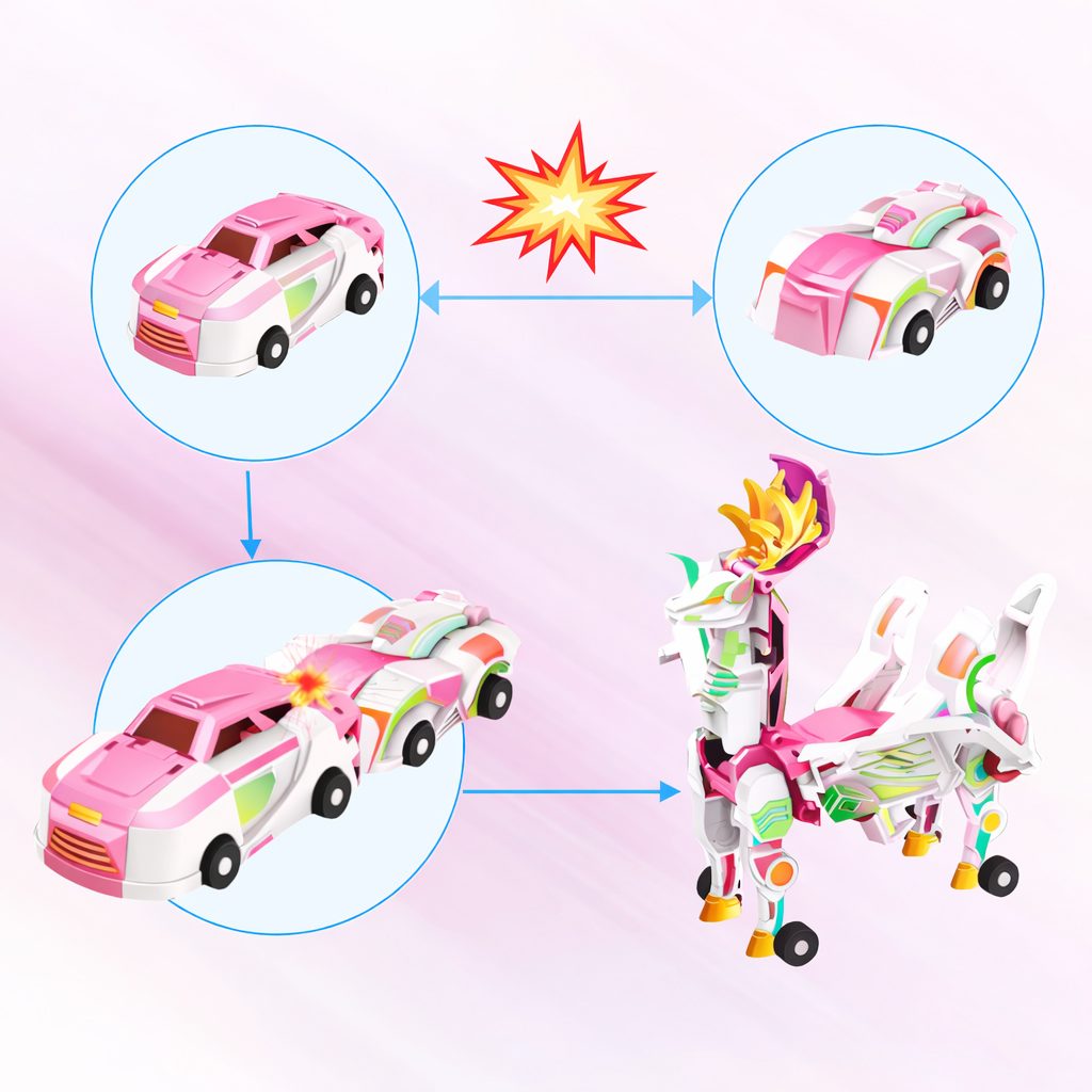 Mars Deer Jucarie Transformer Magnetica 3 in 1, Pegasus Inaripat din 3 Masini Interactive, Plastic ABS, Roz, 3+ Ani